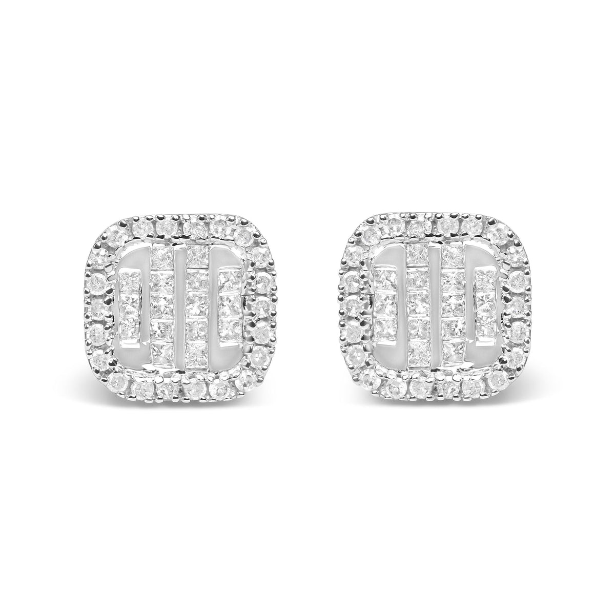 10K White Gold 7/8 Cttw Diamond Princess Composite and Halo Stud Earrings (I-J Color, I1-I2 Clarity)