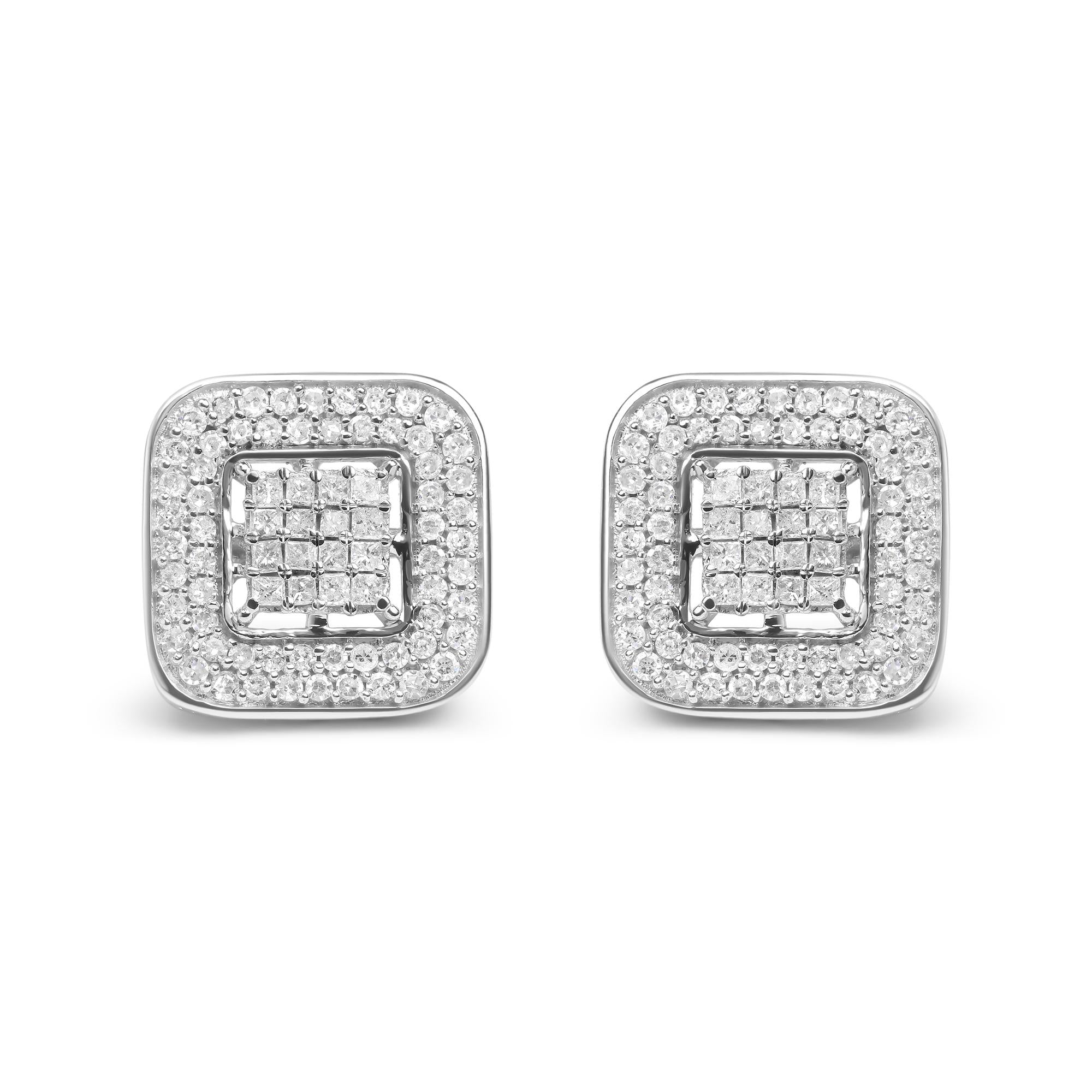 10K White Gold 1.0 Cttw Round and Princess Cut Diamond Composite Open Halo Stud Earrings (H-I Color, SI1-SI2 Clarity)