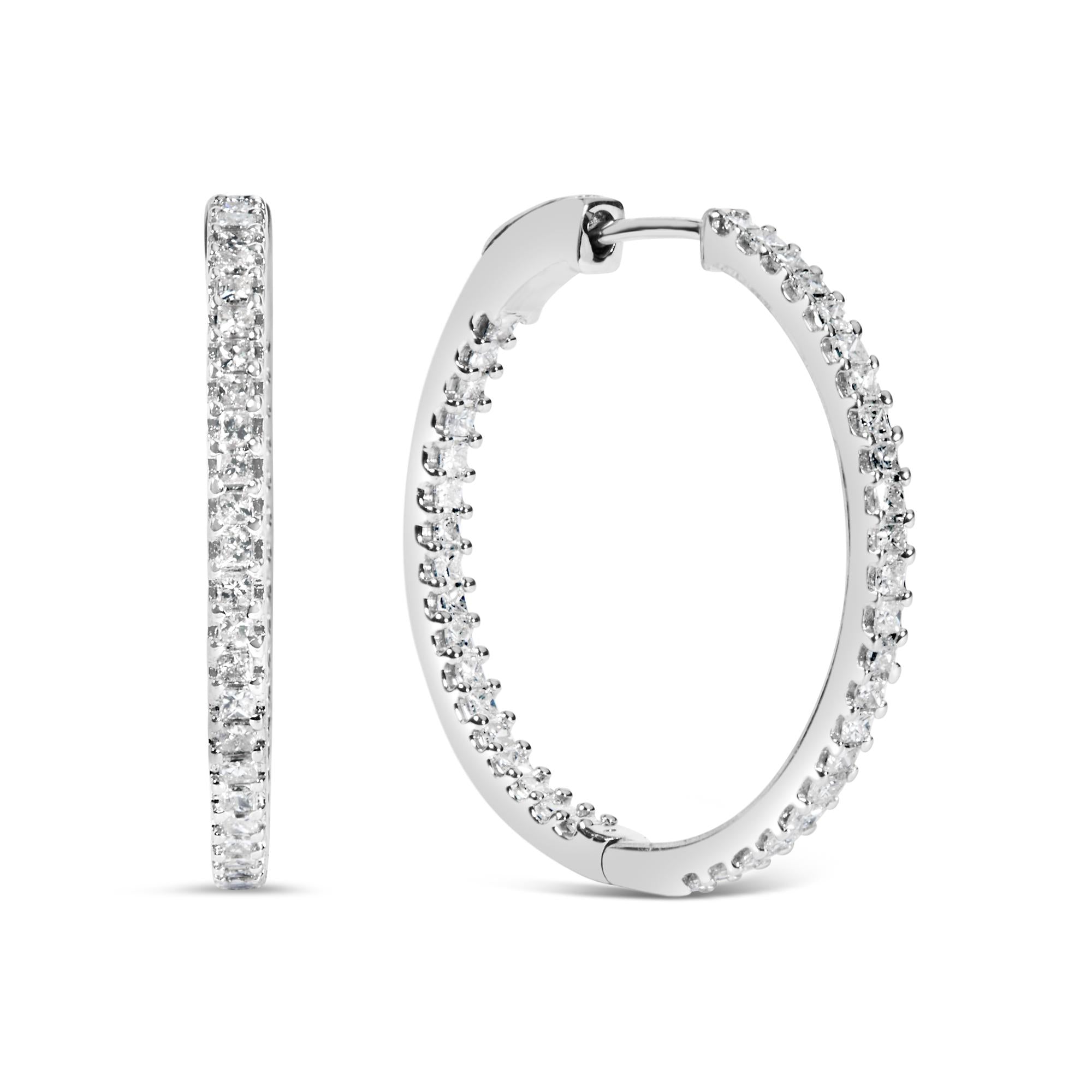 14K White Gold 1.0 Cttw Princess Diamond Inside Out Hoop Earrings (H-I Color, I1-I2 Clarity) - 23 MM