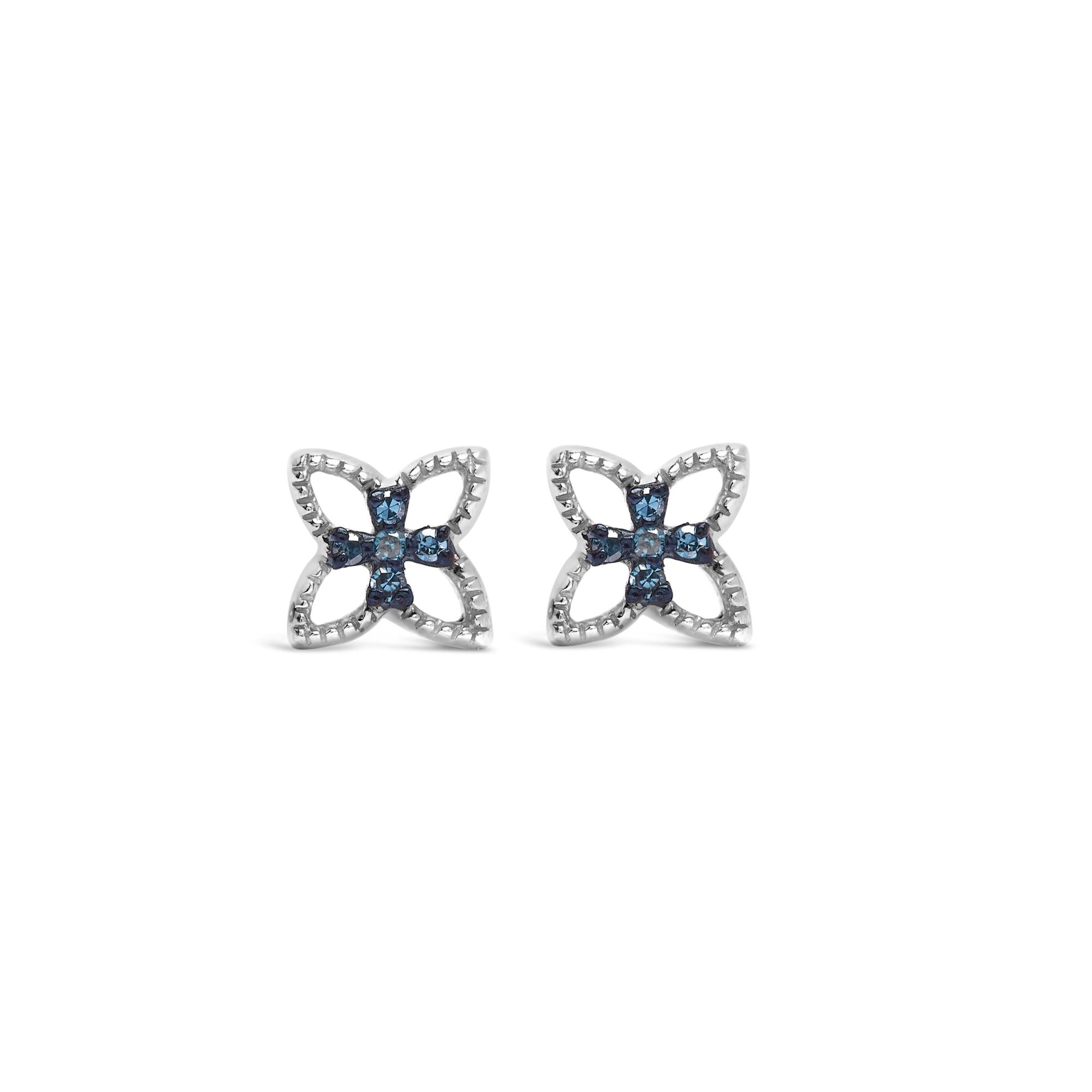 .925 Sterling Silver Blue Diamond Accent 4 Petal Flower Stud Earring (Blue Color, SI1-SI2 Clarity)