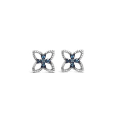 .925 Sterling Silver Blue Diamond Accent 4 Petal Flower Stud Earring (Blue Color, SI1-SI2 Clarity)
