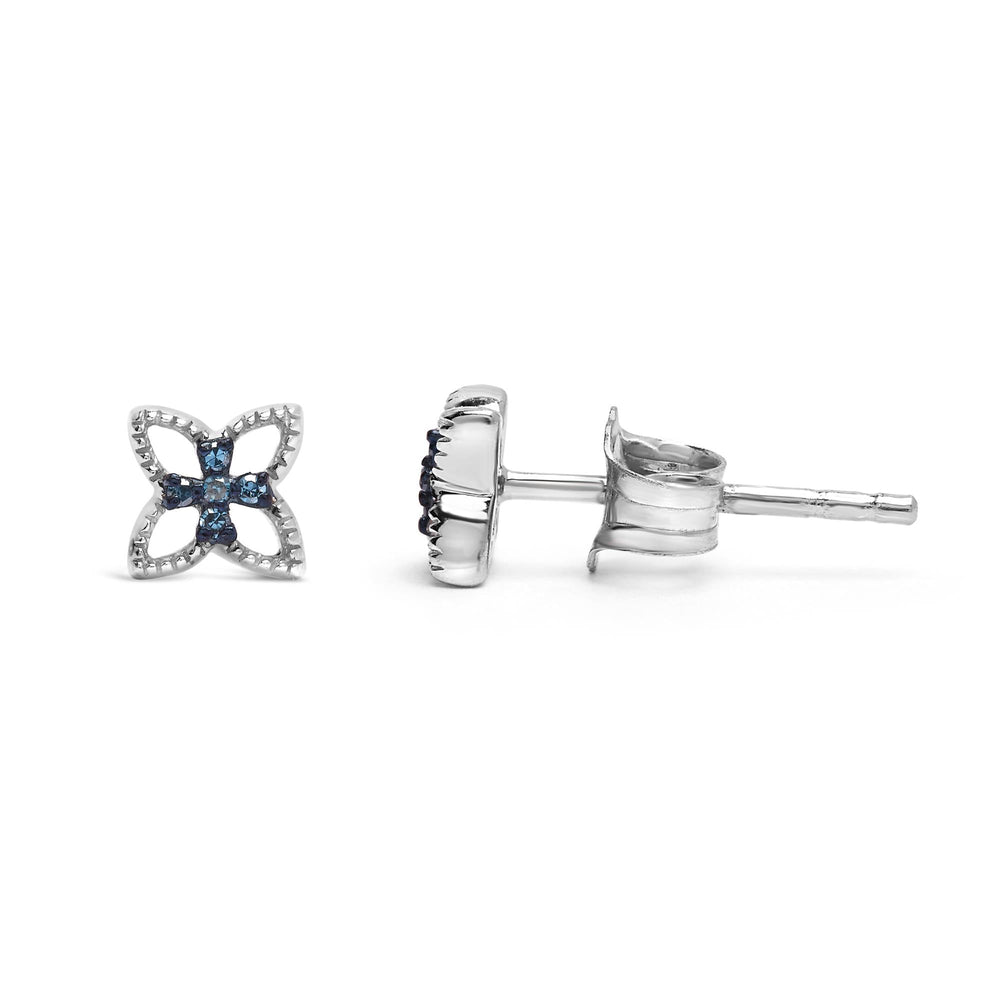 .925 Sterling Silver Blue Diamond Accent 4 Petal Flower Stud Earring (Blue Color, SI1-SI2 Clarity)
