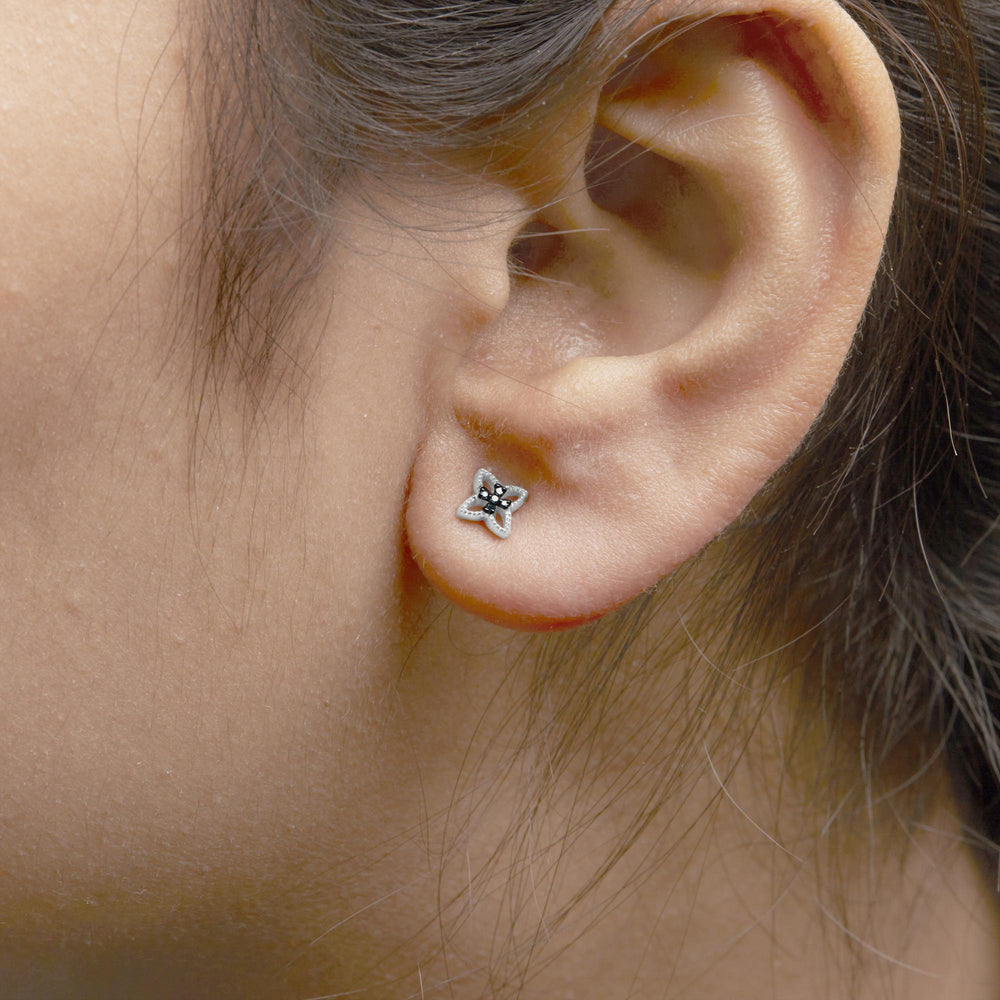 .925 Sterling Silver Blue Diamond Accent 4 Petal Flower Stud Earring (Blue Color, SI1-SI2 Clarity)