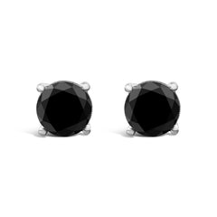 14K White Gold Round Brilliant-Cut Black Diamond Classic 4-Prong Stud Earrings with Screw Backs (Fancy Color-Enhanced, I2-I3 Clarity)