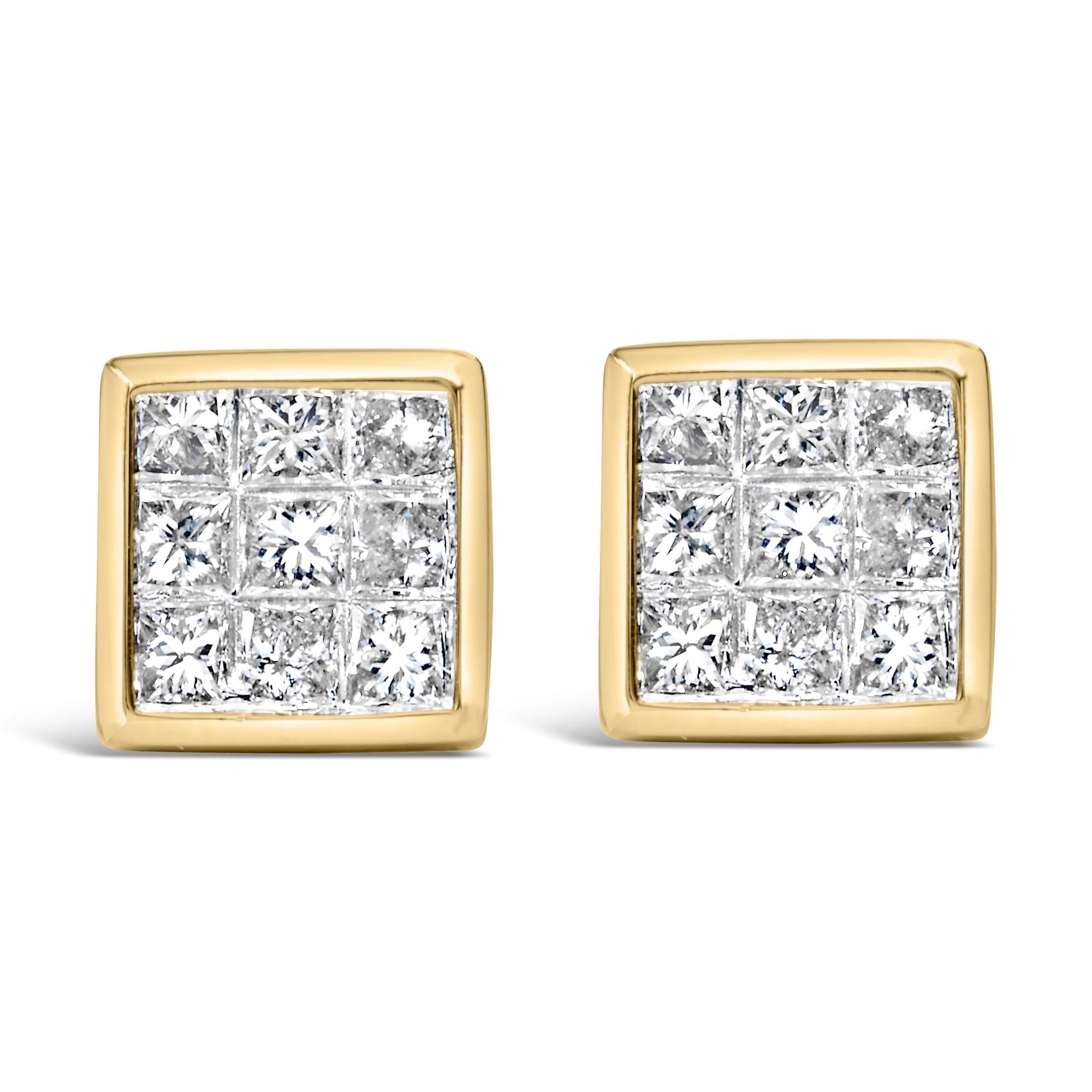 14K Yellow Gold 1.0 Cttw Princess Cut Diamond Composite Stud Earrings with Screw Backs (J-K Color, SI1-SI2 Clarity)