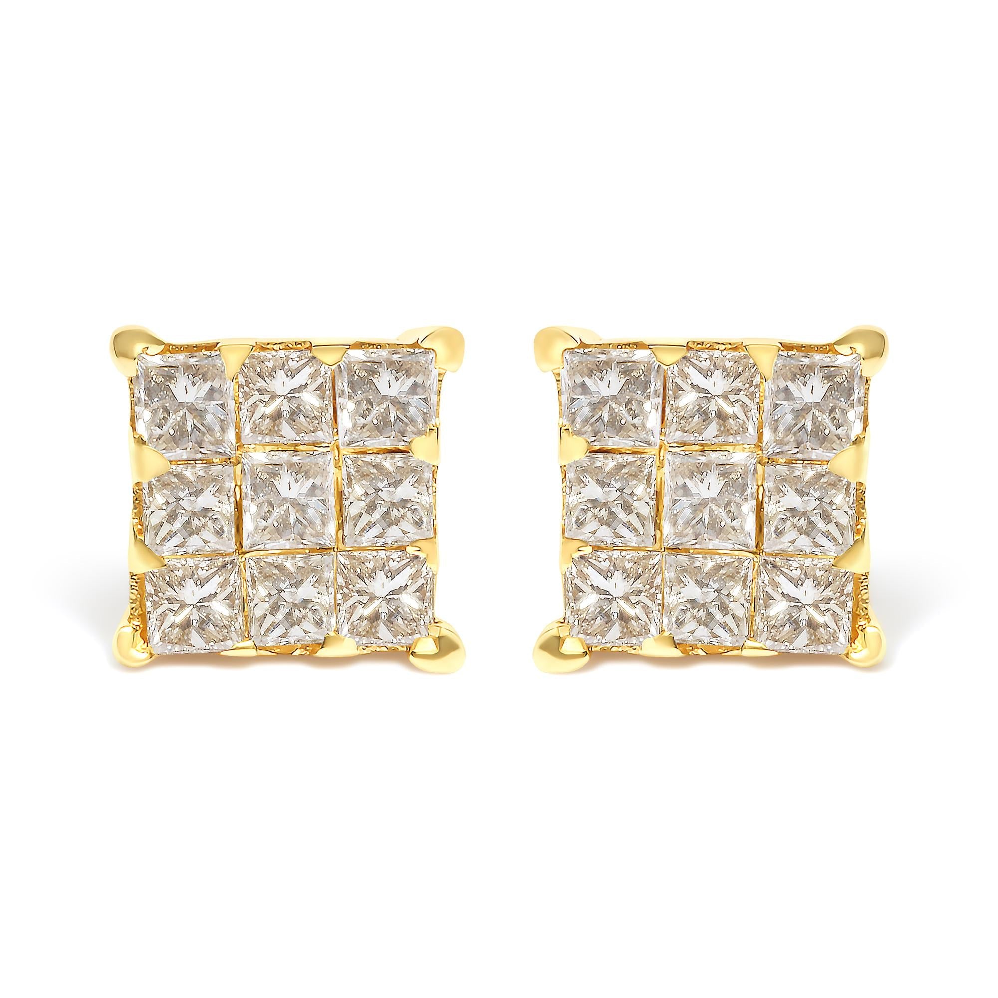 14K Yellow Gold 3/4 Cttw Invisible Set Princess-Cut Diamond 9 Stone Square Stud Earrings (J-K Color, SI2-I1 Clarity)