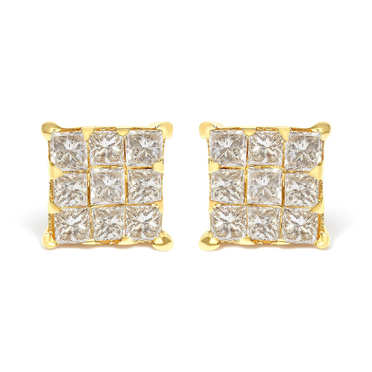 14K Yellow Gold 3/4 Cttw Invisible Set Princess-Cut Diamond 9 Stone Square Stud Earrings (J-K Color, SI2-I1 Clarity)