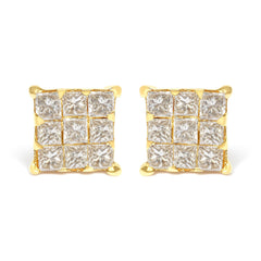 14K Yellow Gold 3/4 Cttw Invisible Set Princess-Cut Diamond 9 Stone Square Stud Earrings (J-K Color, SI2-I1 Clarity)