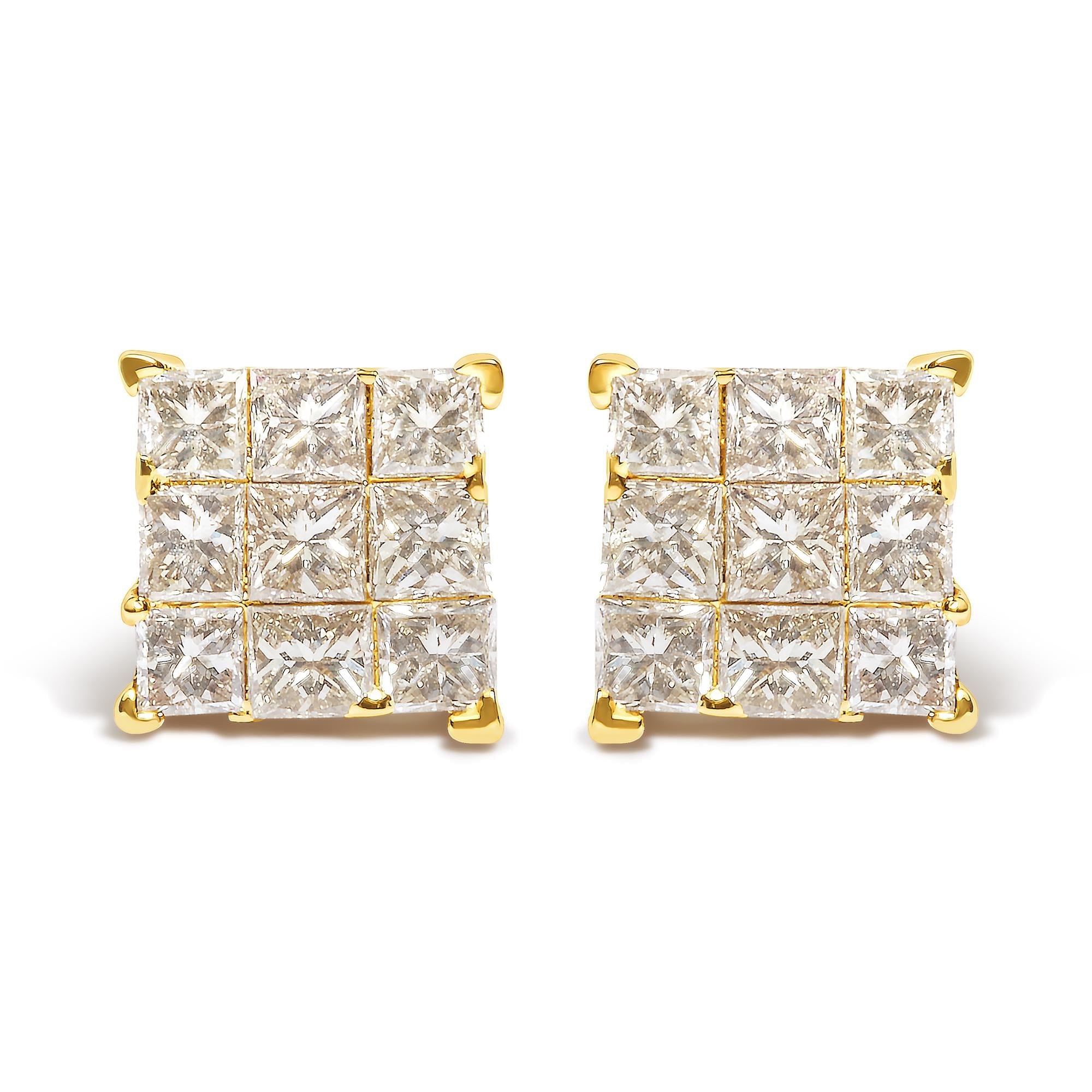 14K Yellow Gold 1.0 Cttw Invisible Set Princess-Cut Diamond 9 Stone Square Stud Earrings (J-K Color, SI2-I1 Clarity)