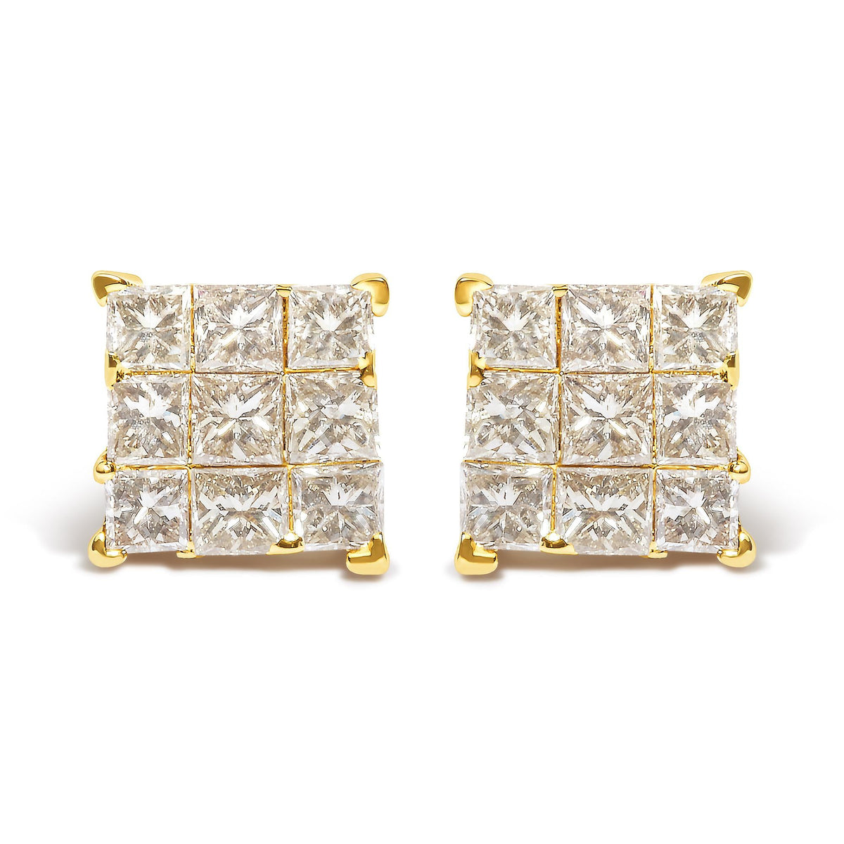 14K Yellow Gold 1.0 Cttw Invisible Set Princess-Cut Diamond 9 Stone Square Stud Earrings (J-K Color, SI2-I1 Clarity)