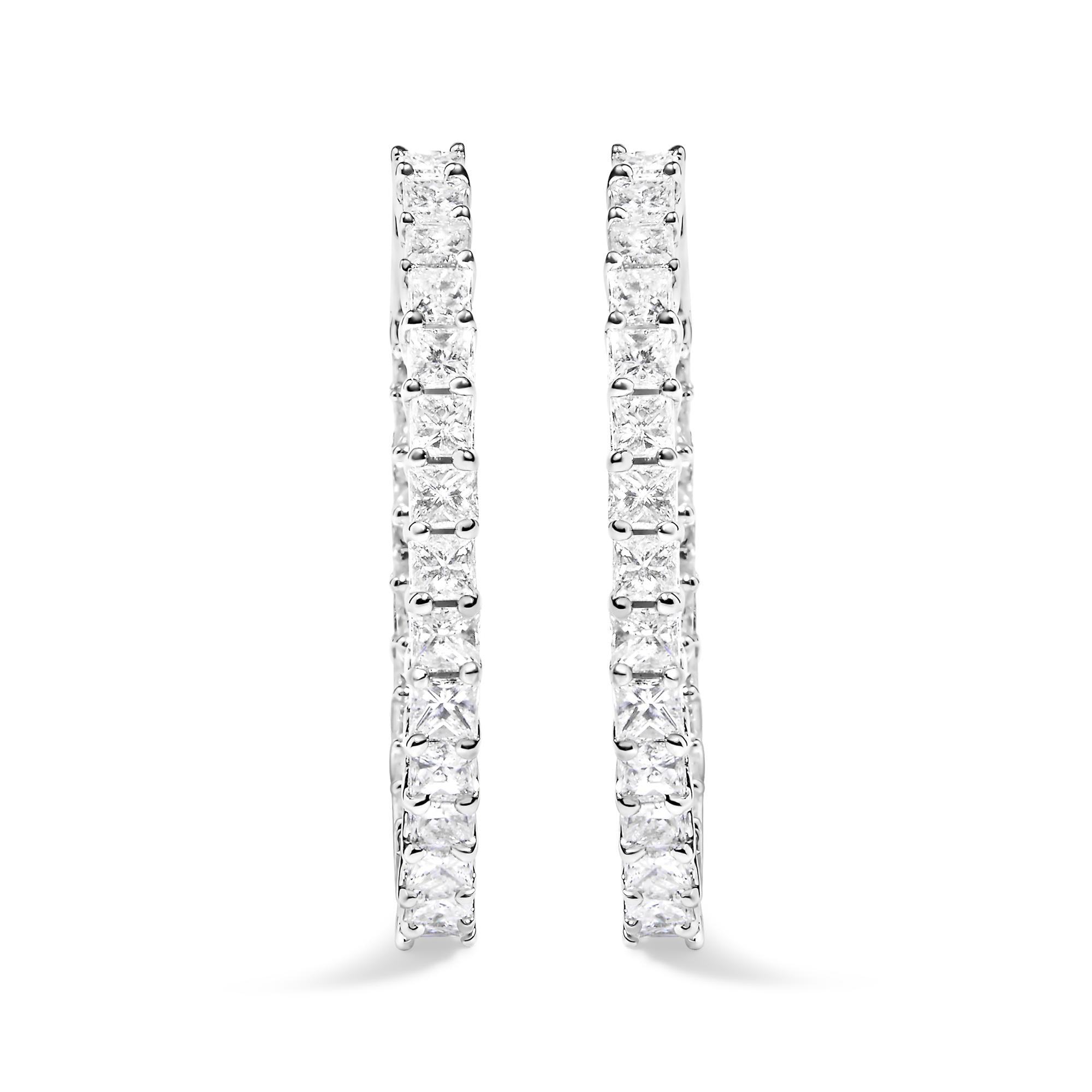 14K White Gold Natural Princess Cut Diamond Inside Out Hoop Earrings (G-H Color, SI2-I1 Clarity)