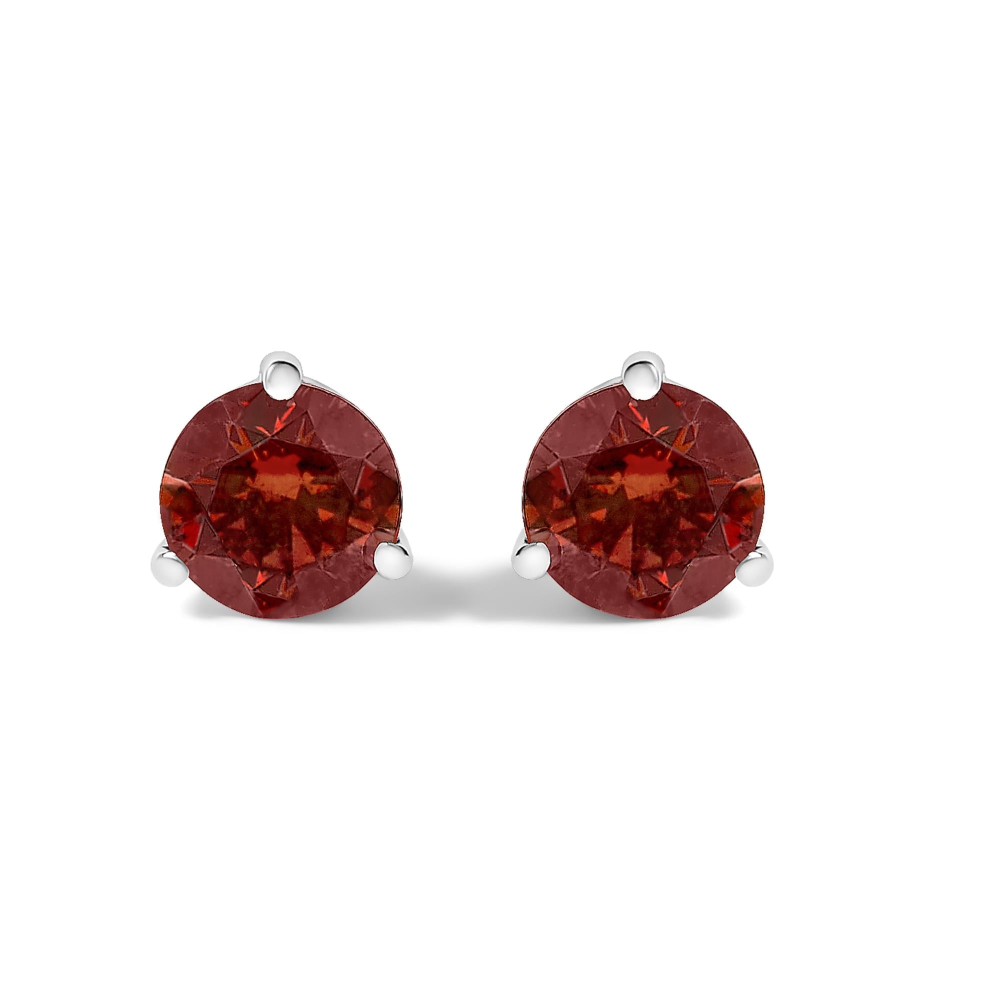14K White Gold 3/4 Cttw Red Lab-Grown Diamond Classic 3-Prong Martini Set Solitaire Stud Earrings