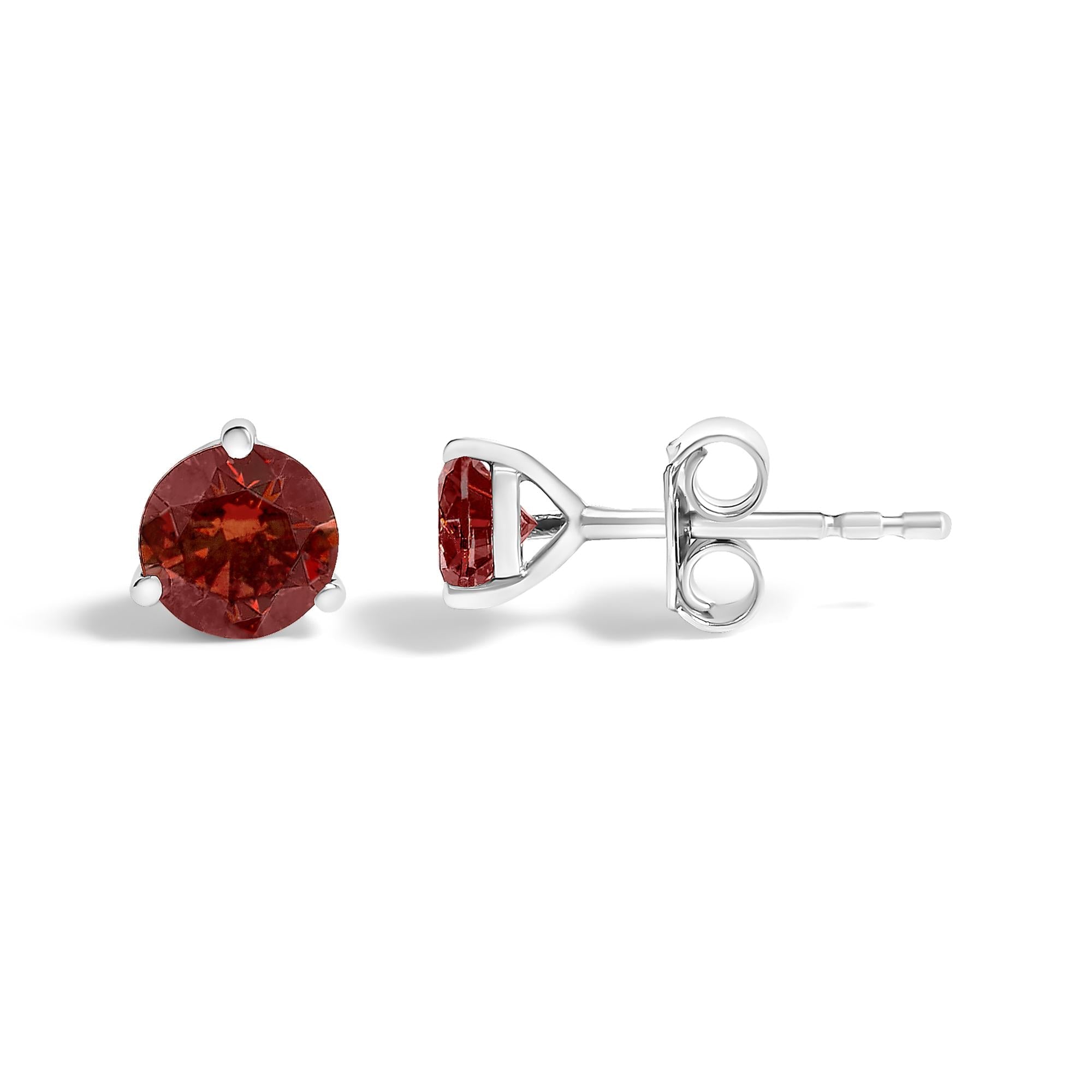 14K White Gold 3/4 Cttw Red Lab-Grown Diamond Classic 3-Prong Martini Set Solitaire Stud Earrings