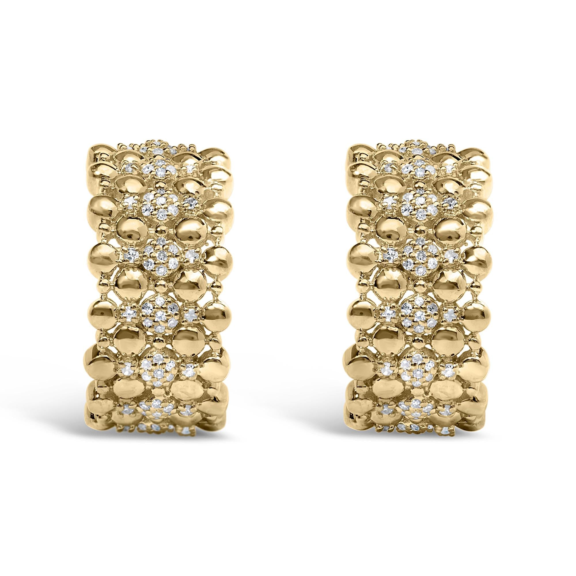 14K Yellow Gold Plated .925 Sterling Silver 3/8 Cttw Diamond and Ball Bead J Hoop Earrings (H-I Color, I1-I2 Clarity)