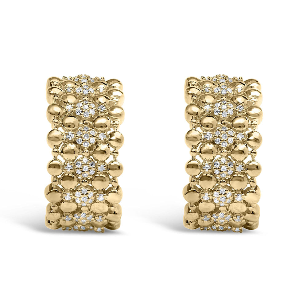 14K Yellow Gold Plated .925 Sterling Silver 3/8 Cttw Diamond and Ball Bead J Hoop Earrings (H-I Color, I1-I2 Clarity)