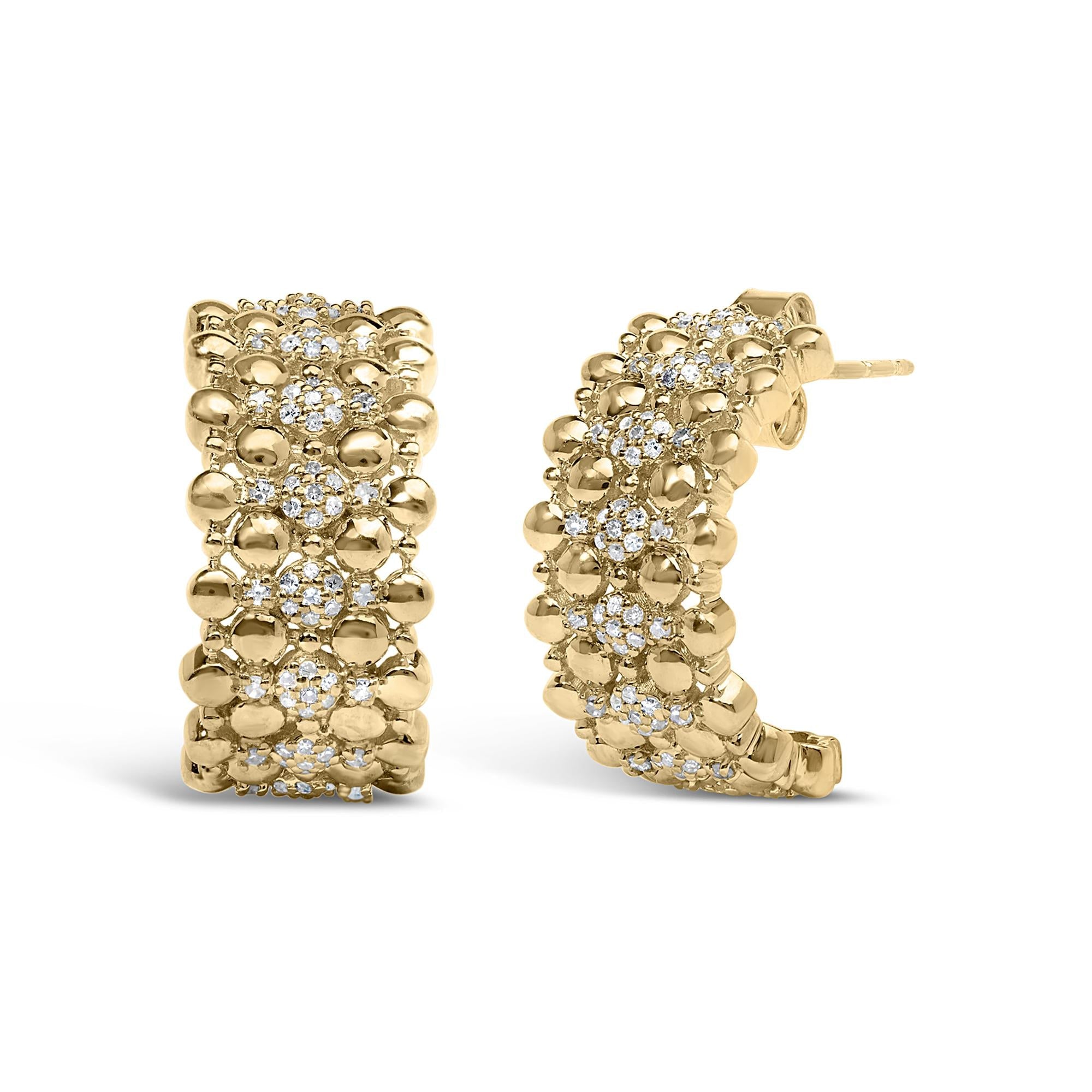 14K Yellow Gold Plated .925 Sterling Silver 3/8 Cttw Diamond and Ball Bead J Hoop Earrings (H-I Color, I1-I2 Clarity)