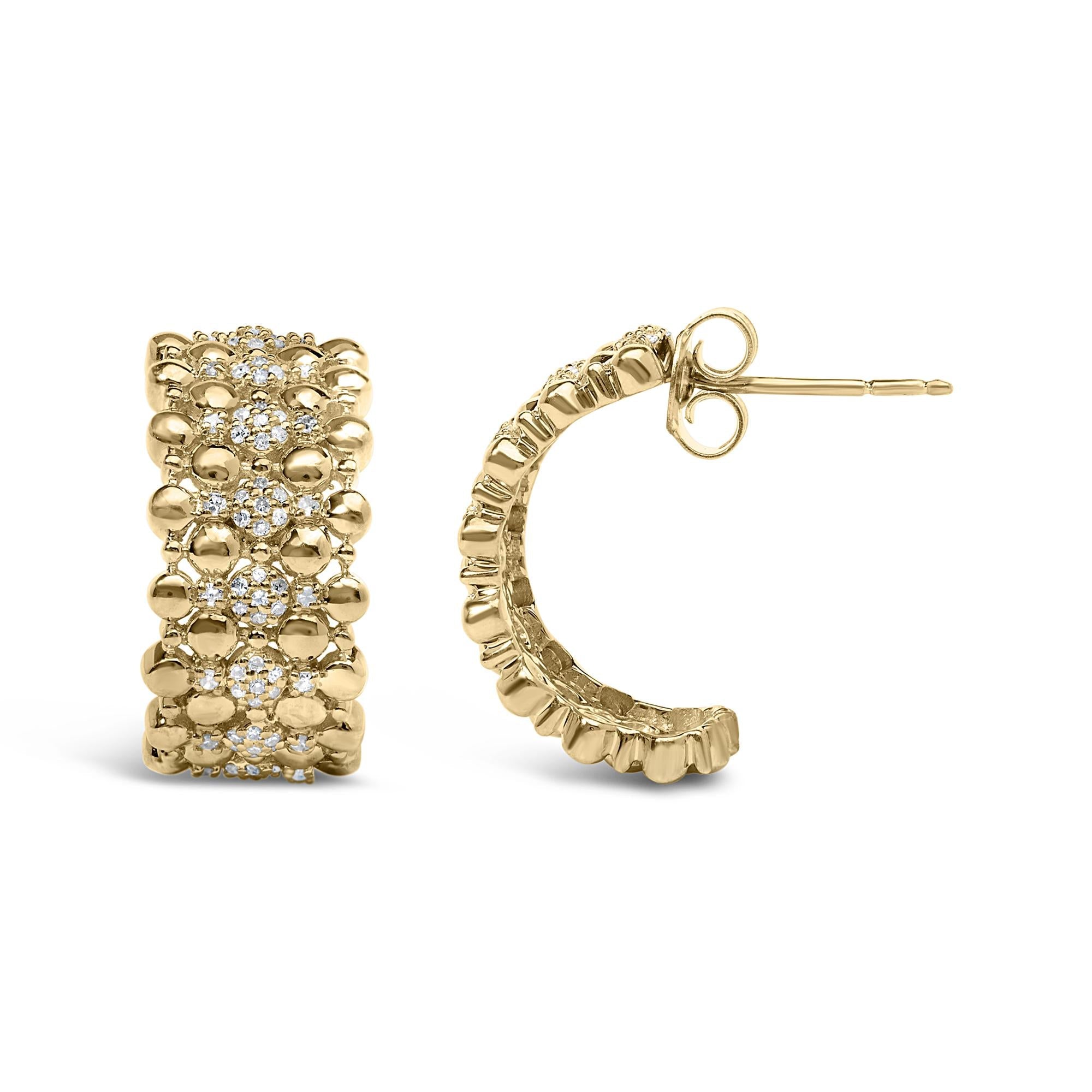 14K Yellow Gold Plated .925 Sterling Silver 3/8 Cttw Diamond and Ball Bead J Hoop Earrings (H-I Color, I1-I2 Clarity)