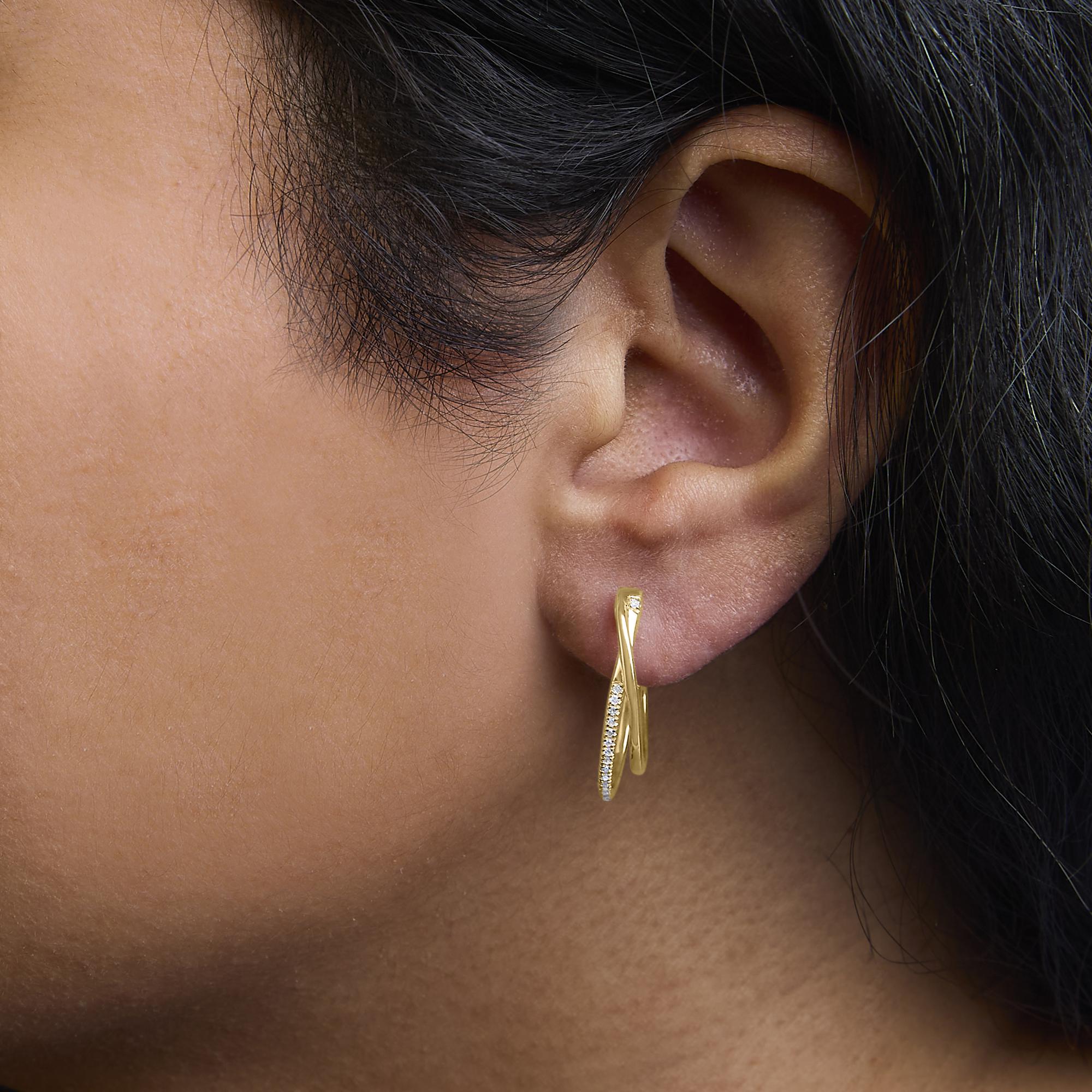 14K Yellow Gold Plated .925 Sterling Silver 1/10 Cttw Diamond Wrapped Hoop Earrings (H-I Color, I1-I2 Clarity)