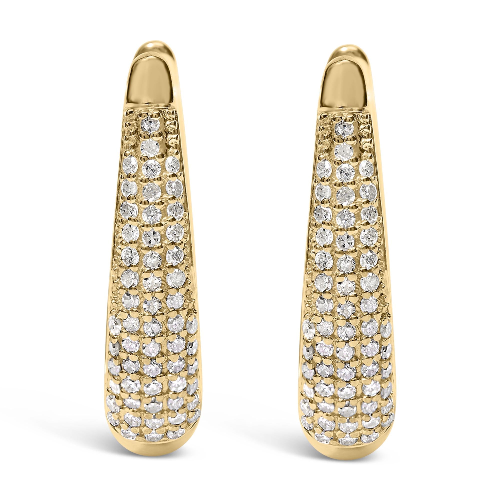 14K Yellow Gold Plated .925 Sterling Silver 3/8 Cttw Pave Set Diamond Hoop Earrings (H-I Color, I1-I2 Clarity)