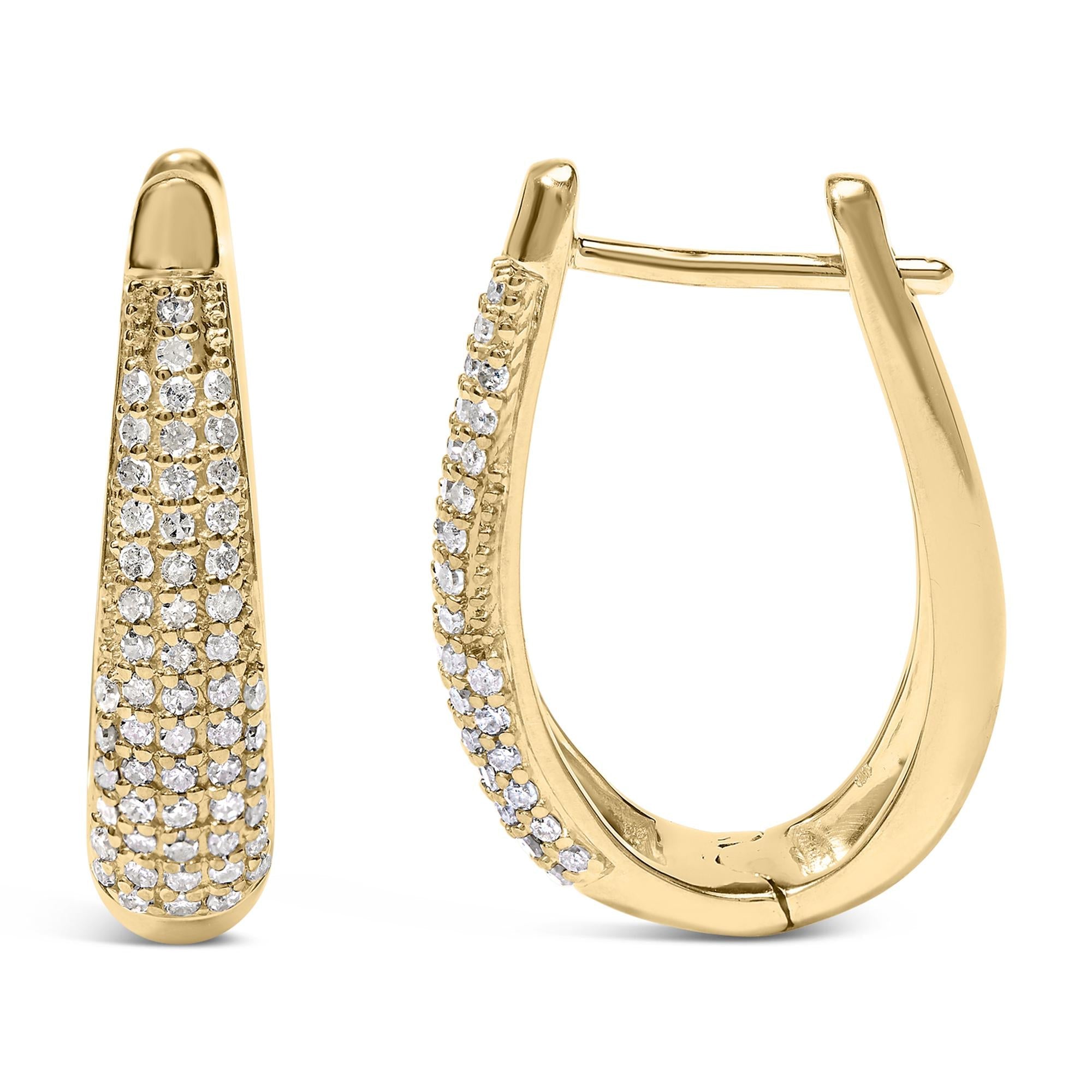 14K Yellow Gold Plated .925 Sterling Silver 3/8 Cttw Pave Set Diamond Hoop Earrings (H-I Color, I1-I2 Clarity)