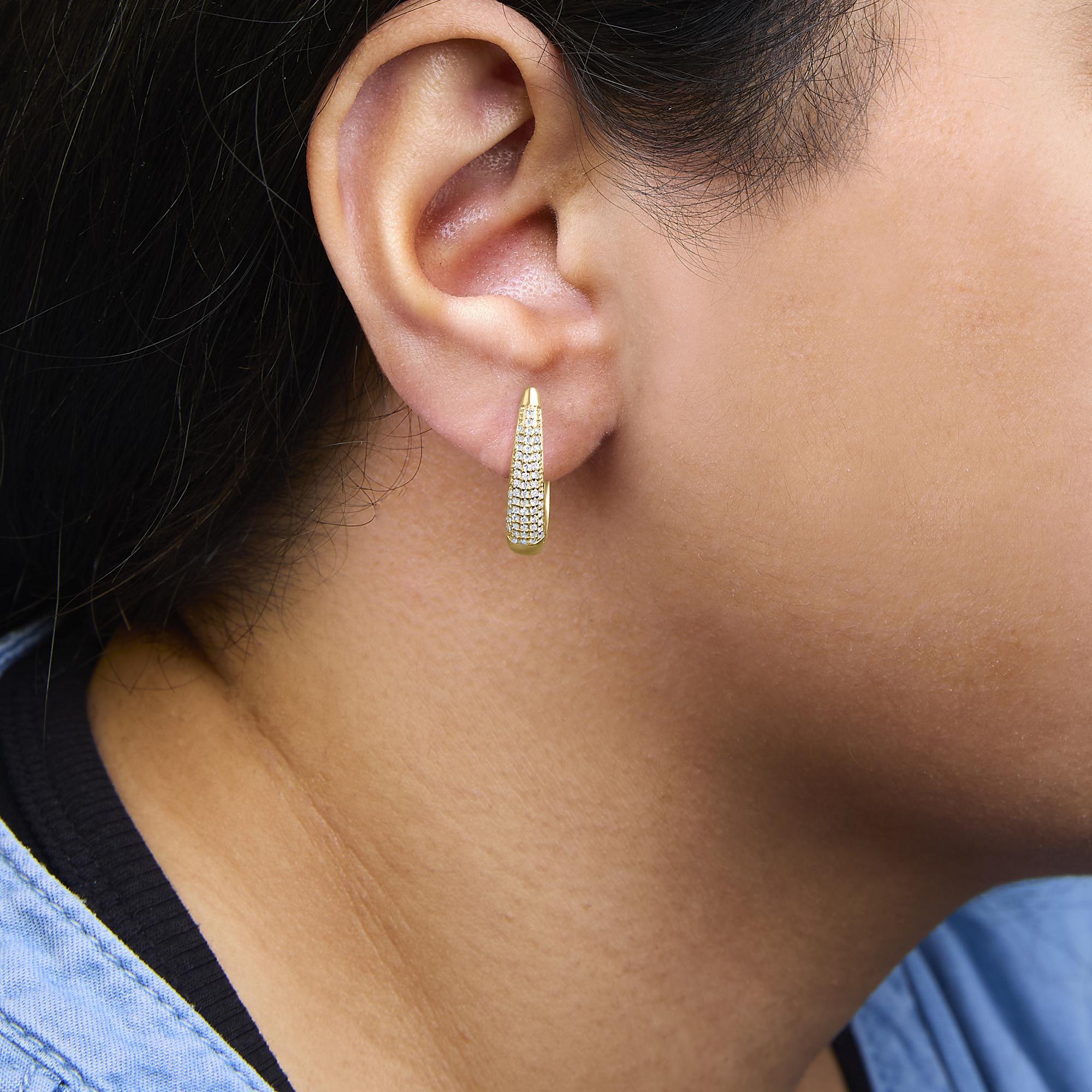 14K Yellow Gold Plated .925 Sterling Silver 3/8 Cttw Pave Set Diamond Hoop Earrings (H-I Color, I1-I2 Clarity)