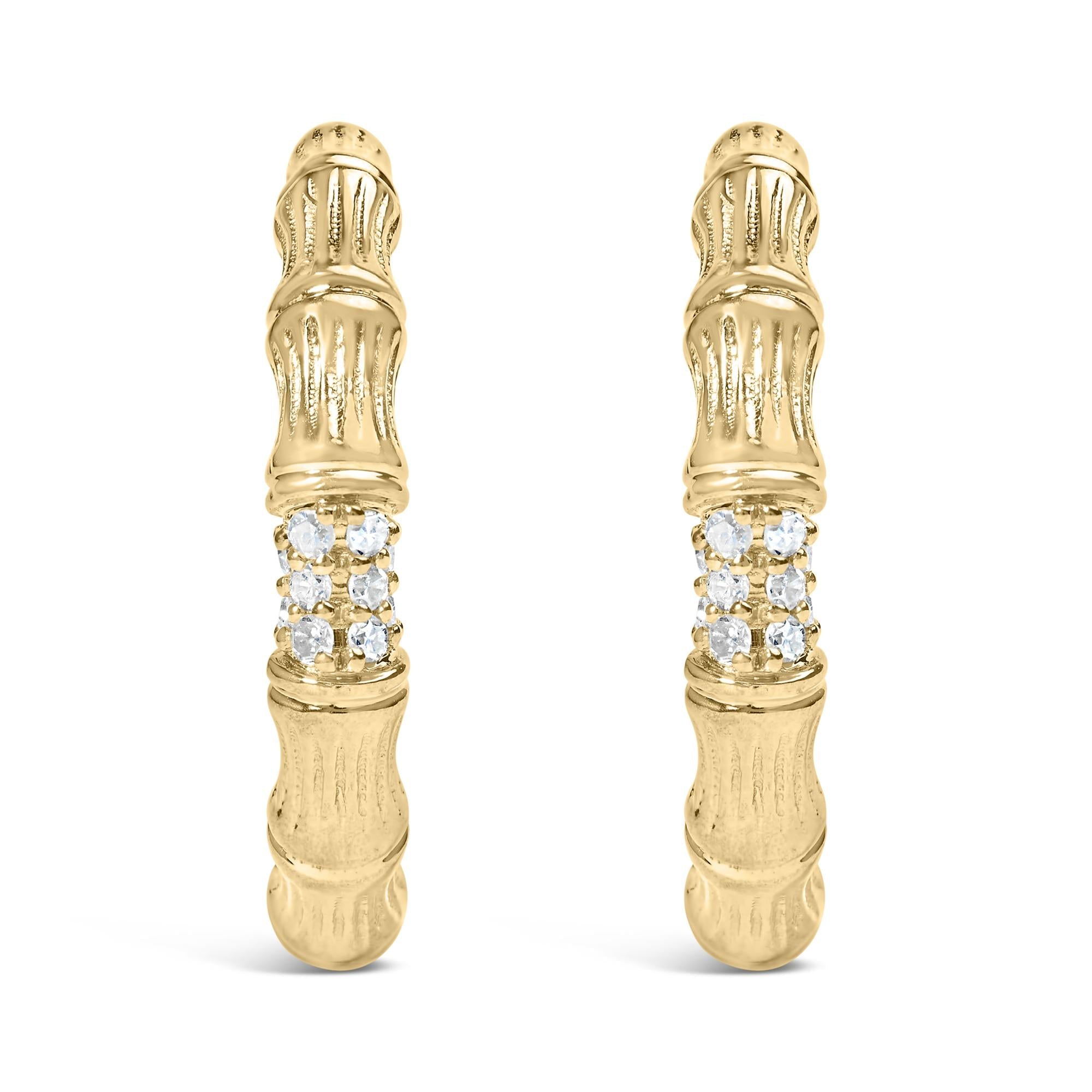 14K Yellow Gold Plated .925 Sterling Silver 1/6 Cttw Hammered J Hoop Earrings (H-I Color, I1-I2 Clarity)