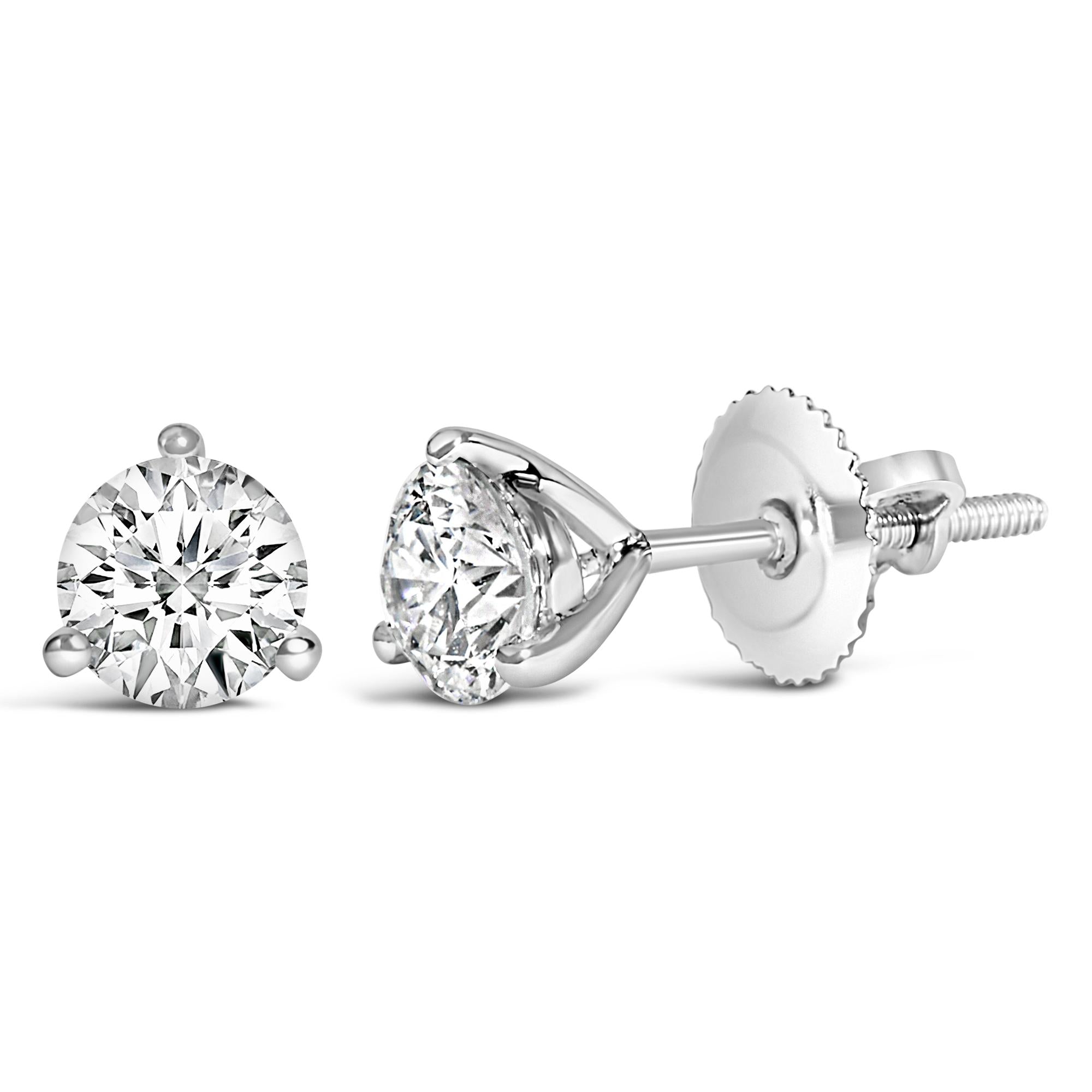 14K White Gold 3-Prong Martini Set Brilliant Round-Cut Solitaire Lab Grown Diamond Screwback Stud Earrings