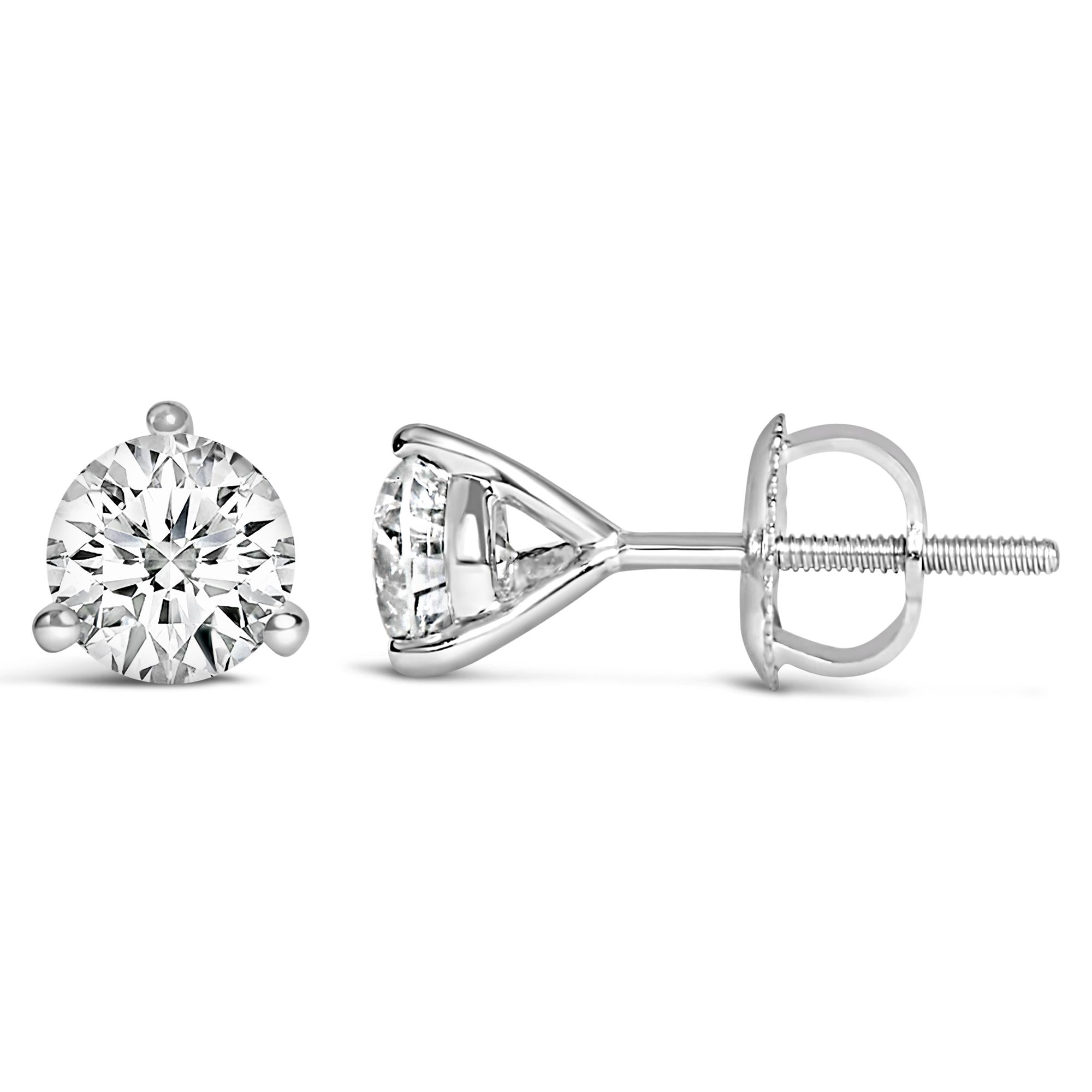 14K White Gold 3-Prong Martini Set Brilliant Round-Cut Solitaire Lab Grown Diamond Screwback Stud Earrings