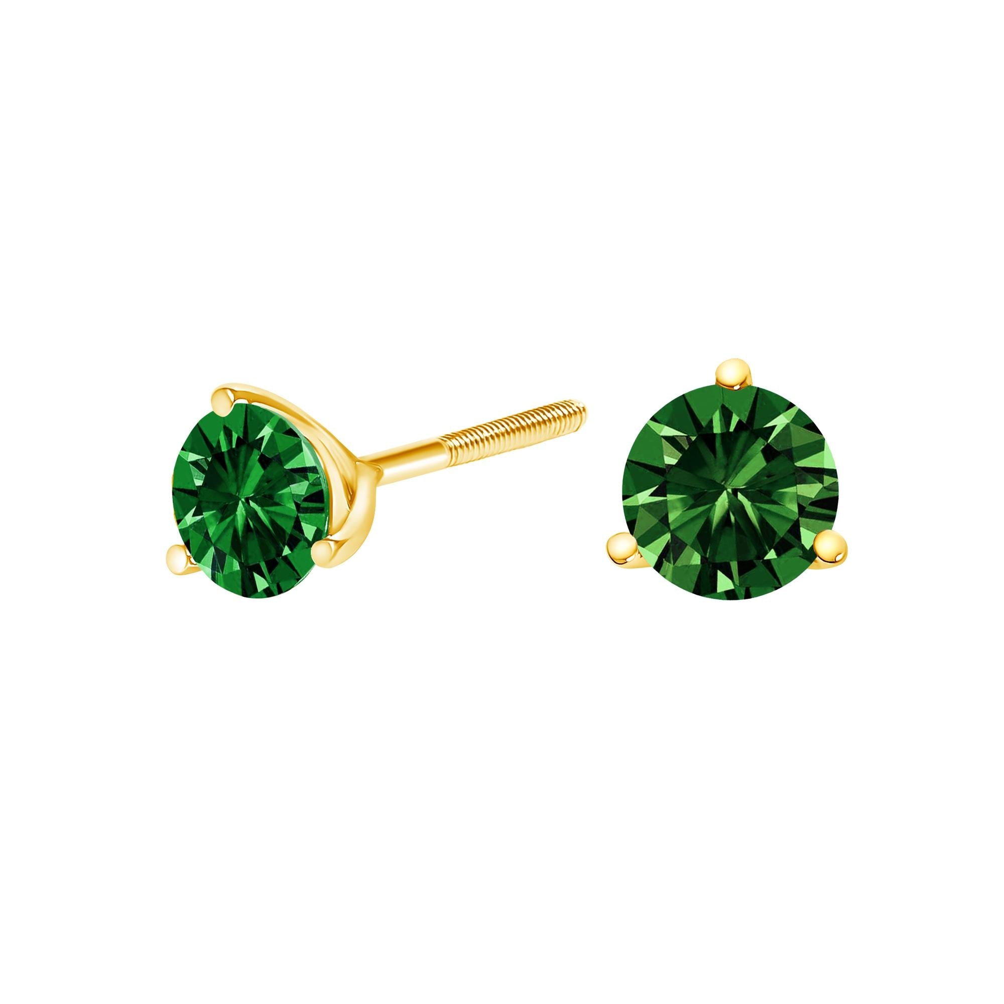 14K Gold 3-Prong Martini Set Lab Grown Green Diamond Solitaire Stud Earrings