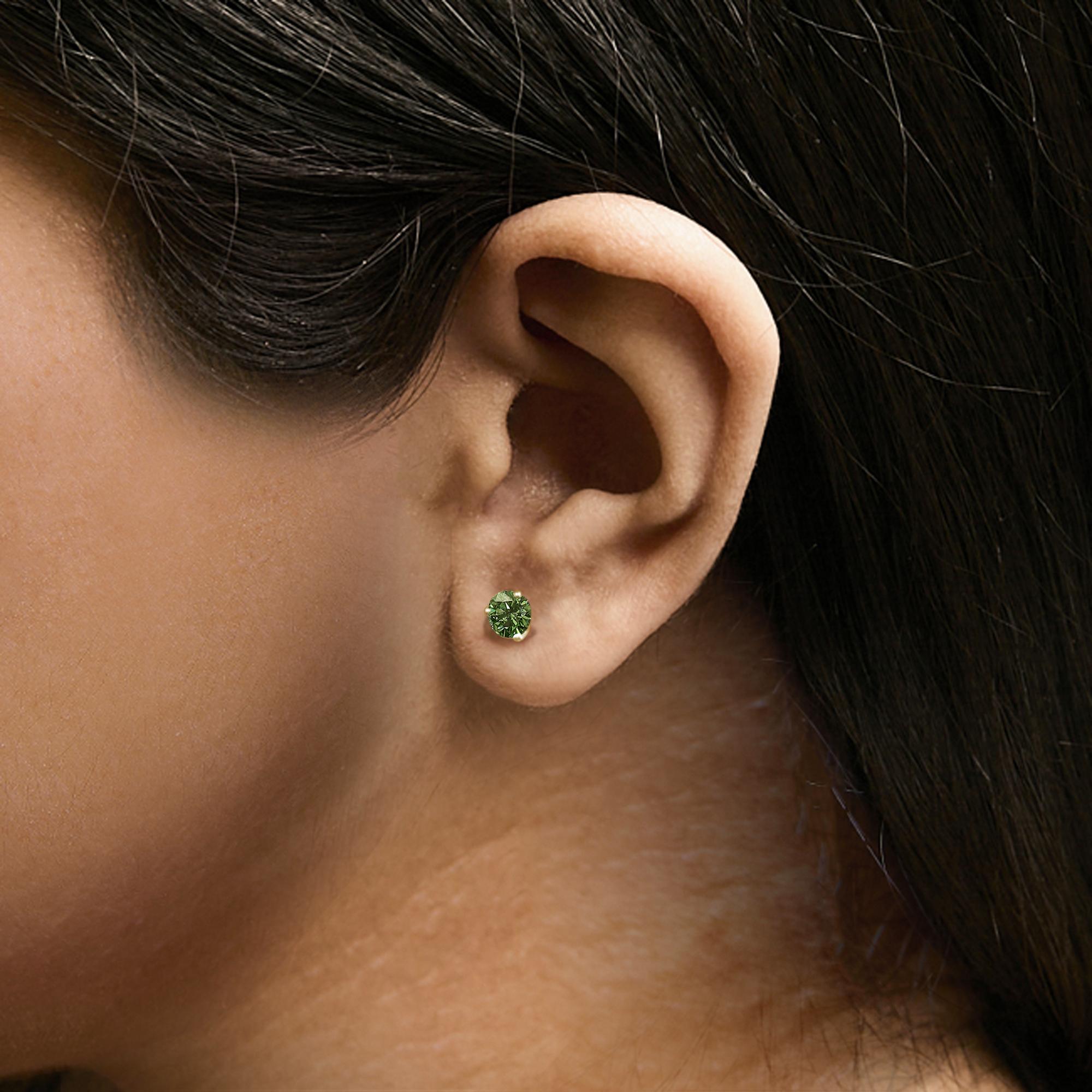 14K Gold 3-Prong Martini Set Lab Grown Green Diamond Solitaire Stud Earrings