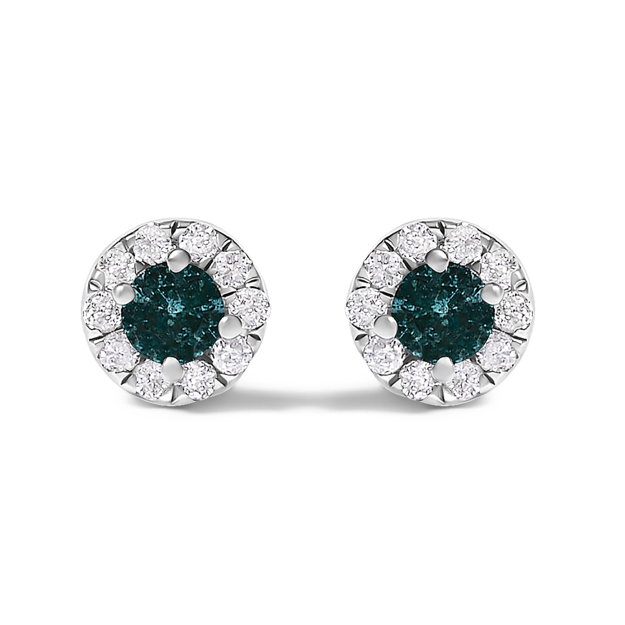 .925 Sterling Silver 1/3 Cttw White and Blue Diamond Halo Stud Earring