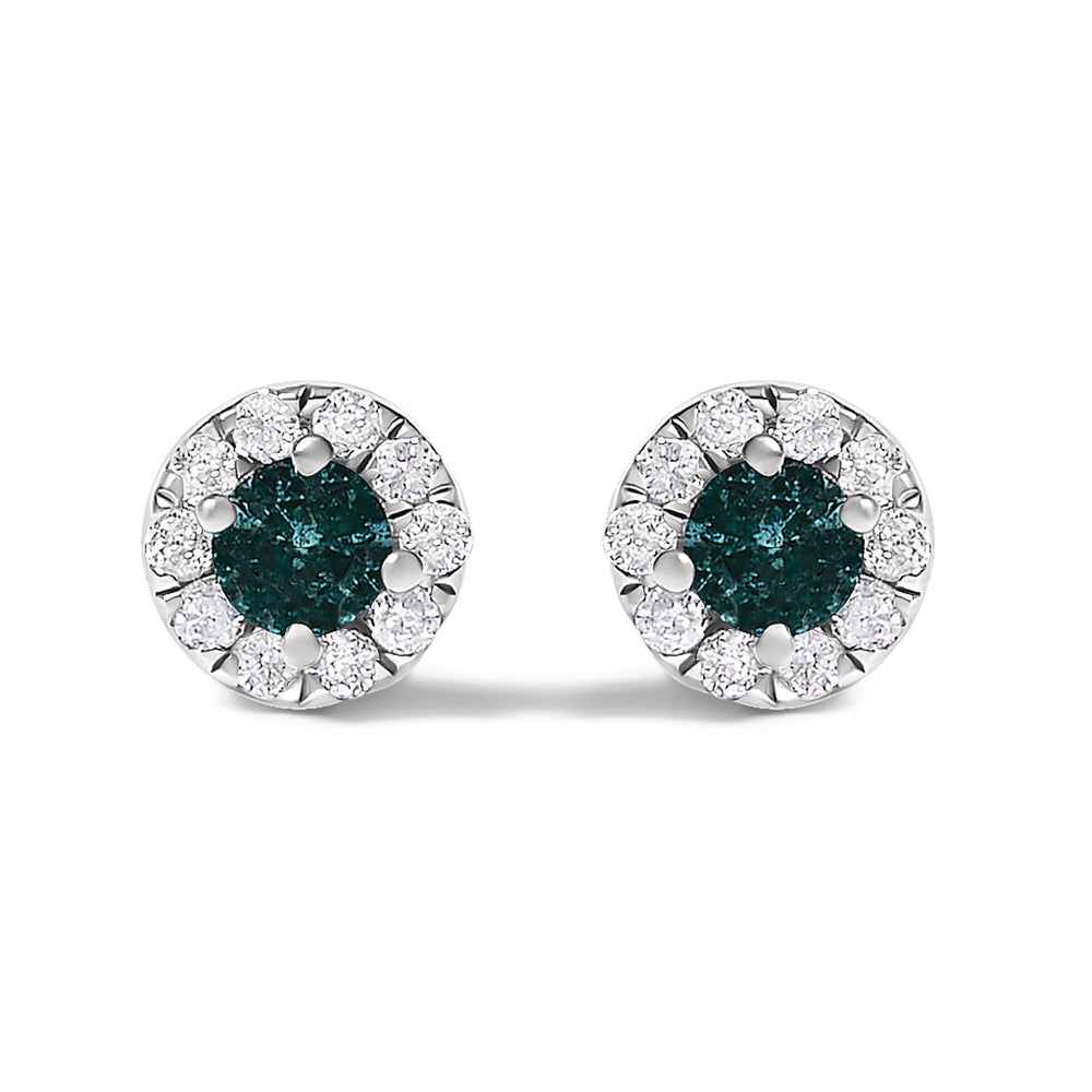 .925 Sterling Silver 1/3 Cttw White and Blue Diamond Halo Stud Earring