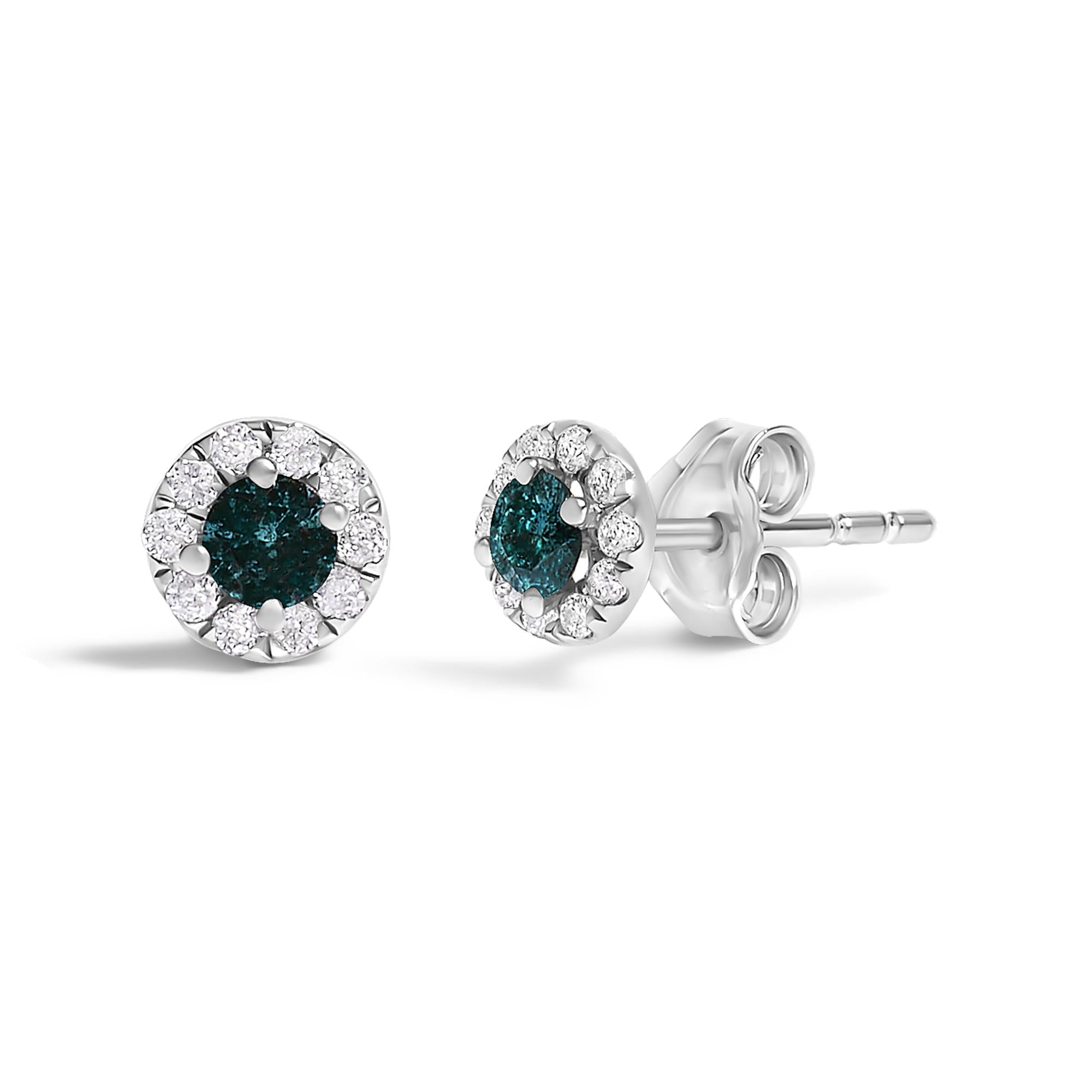 .925 Sterling Silver 1/3 Cttw White and Blue Diamond Halo Stud Earring