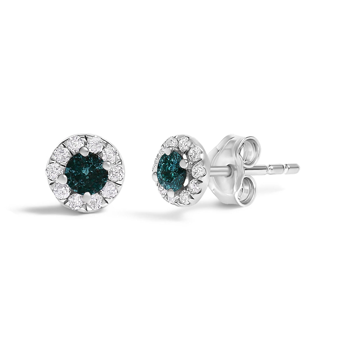 .925 Sterling Silver 1/3 Cttw White and Blue Diamond Halo Stud Earring
