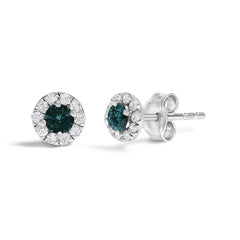 .925 Sterling Silver 1/3 Cttw White and Blue Diamond Halo Stud Earring