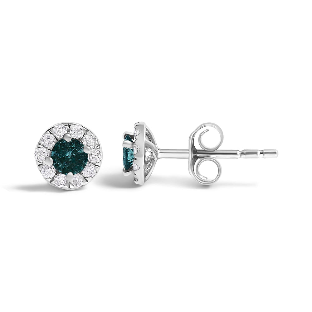 .925 Sterling Silver 1/3 Cttw White and Blue Diamond Halo Stud Earring