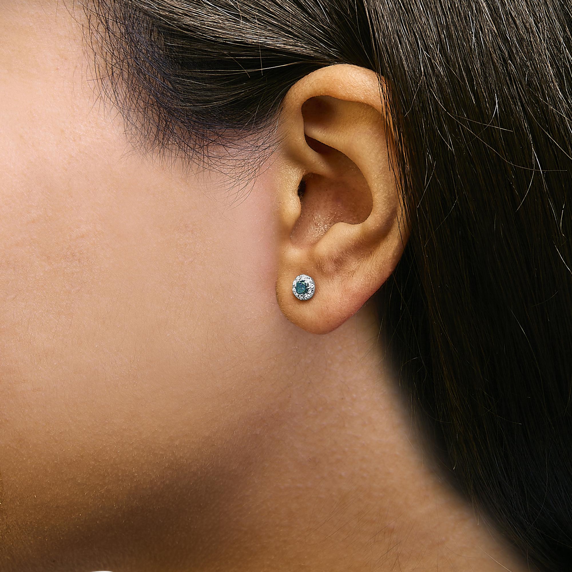 .925 Sterling Silver 1/3 Cttw White and Blue Diamond Halo Stud Earring