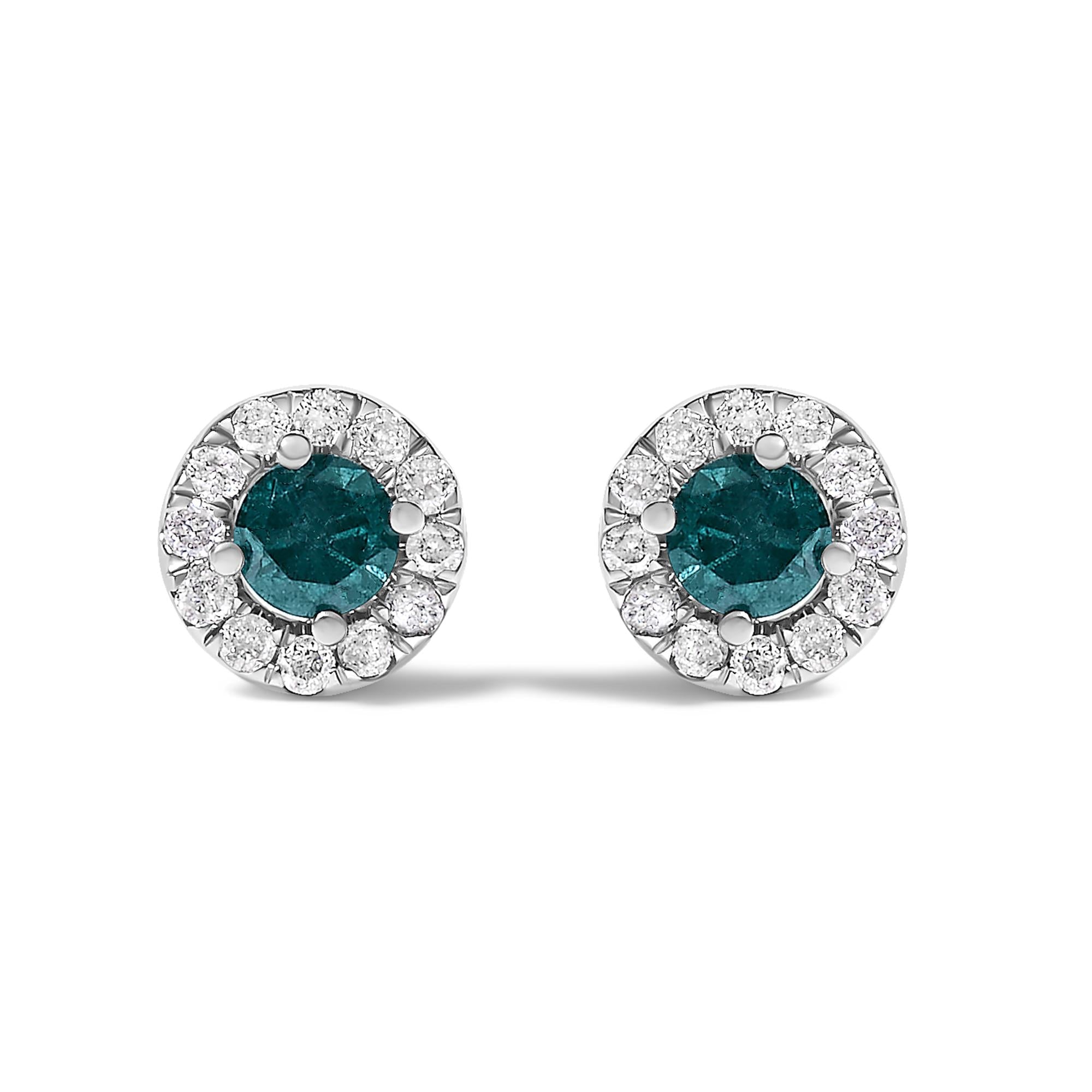 .925 Sterling Silver 1/2 Cttw Blue Diamond Halo Stud Earring