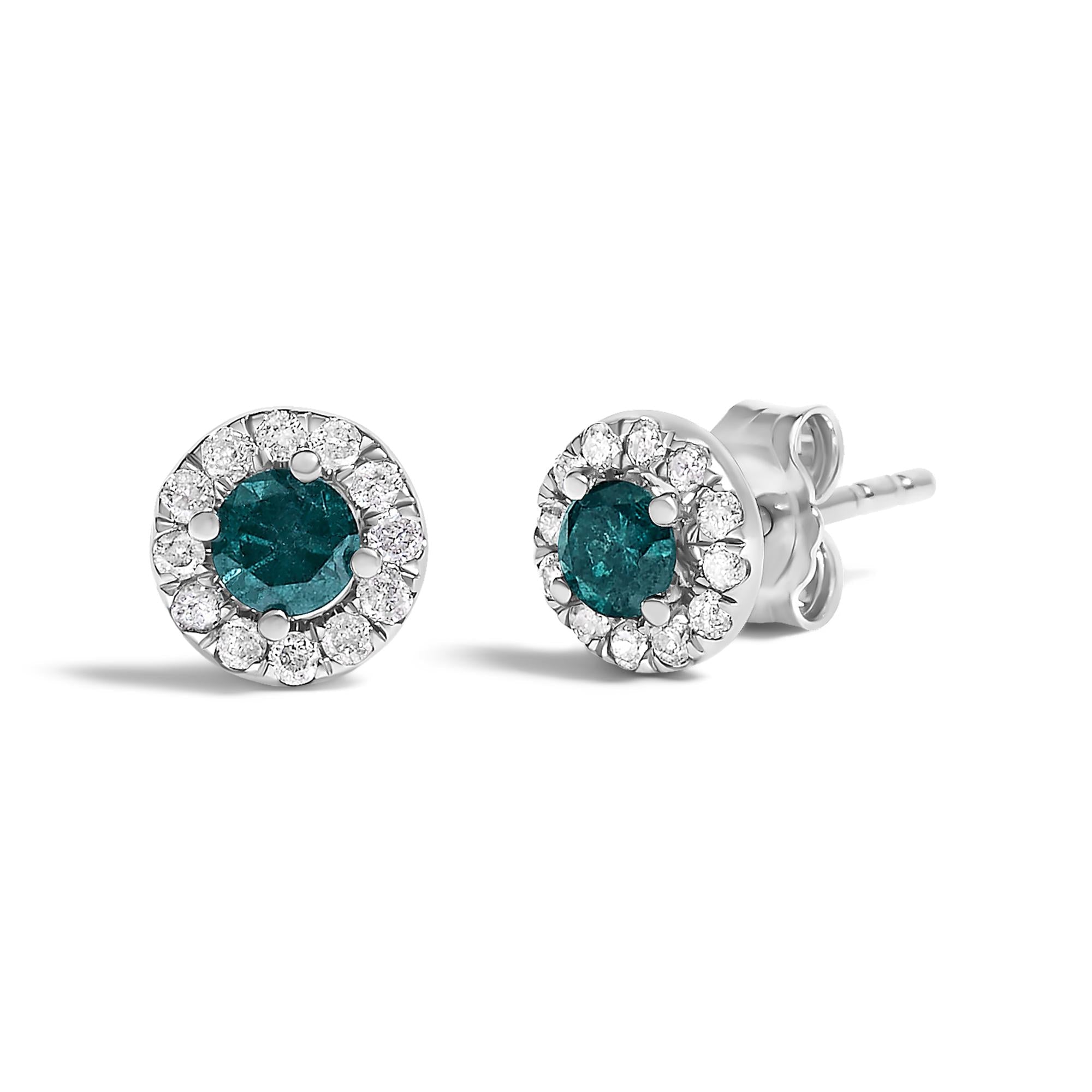 .925 Sterling Silver 1/2 Cttw Blue Diamond Halo Stud Earring