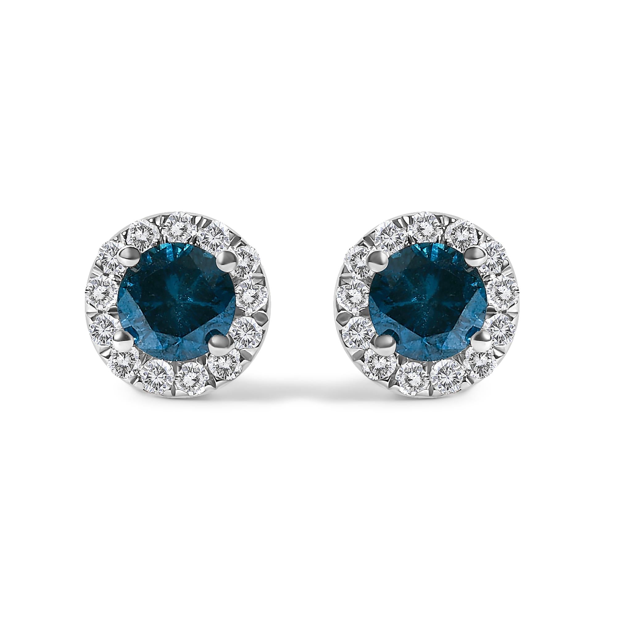 .925 Sterling Silver 1.00 Cttw Blue Diamond Halo Stud Earring