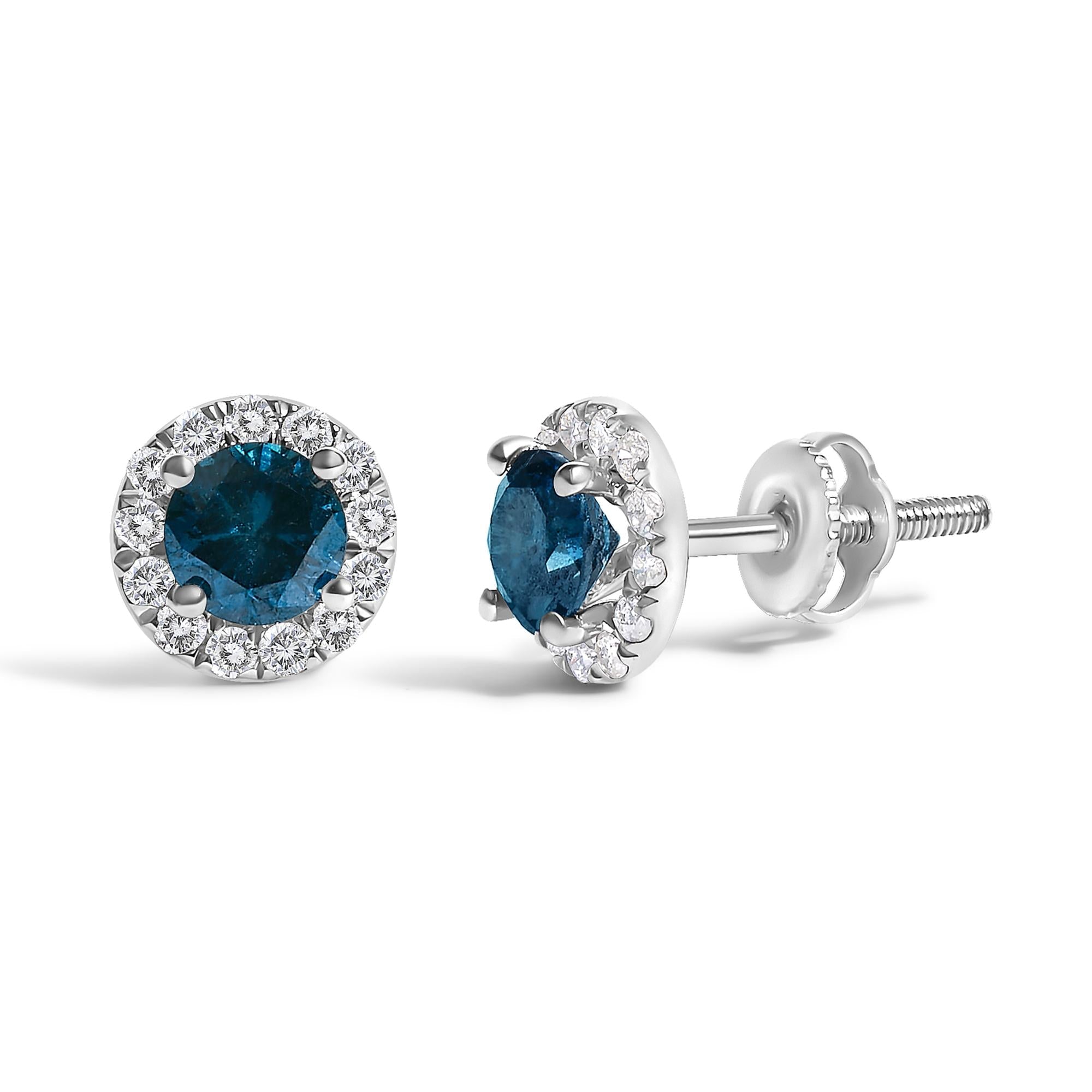 .925 Sterling Silver 1.00 Cttw Blue Diamond Halo Stud Earring
