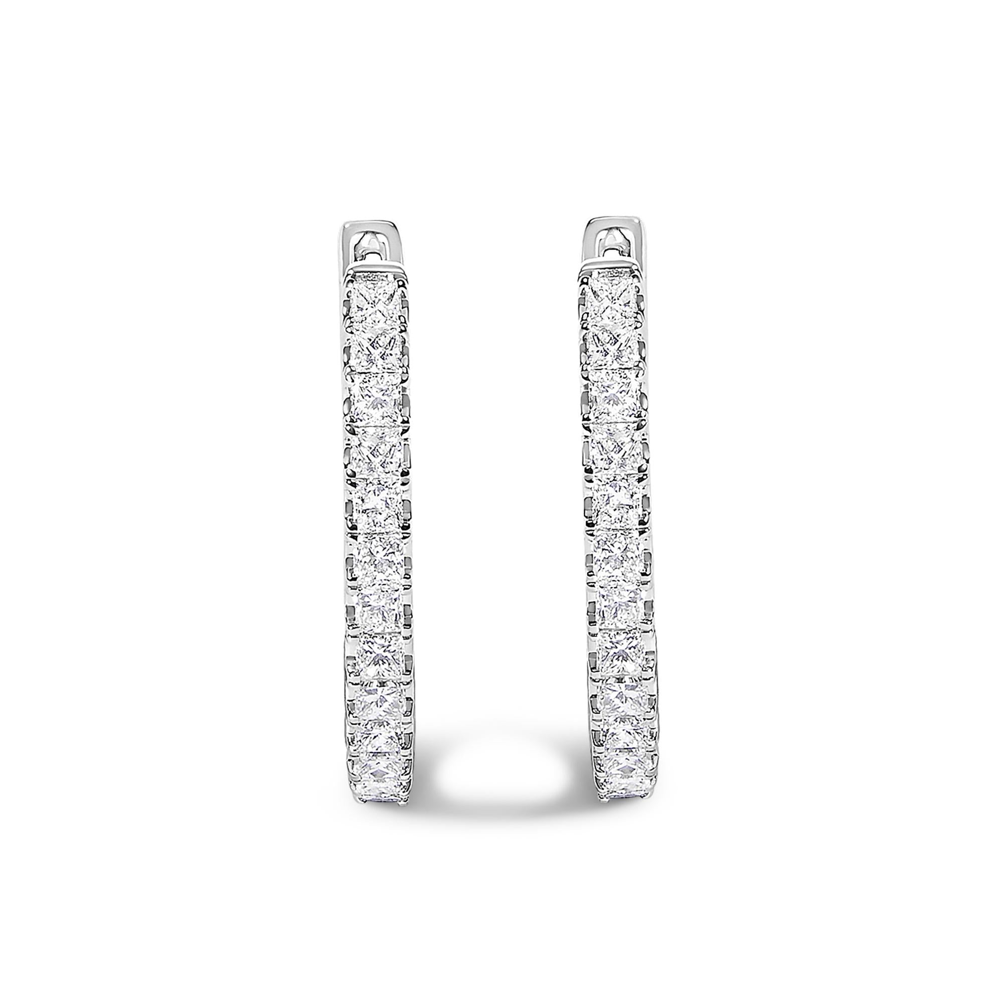 14K White Gold 3.00 Cttw Princess Diamond Inside Out Elongated Hoop Earrings