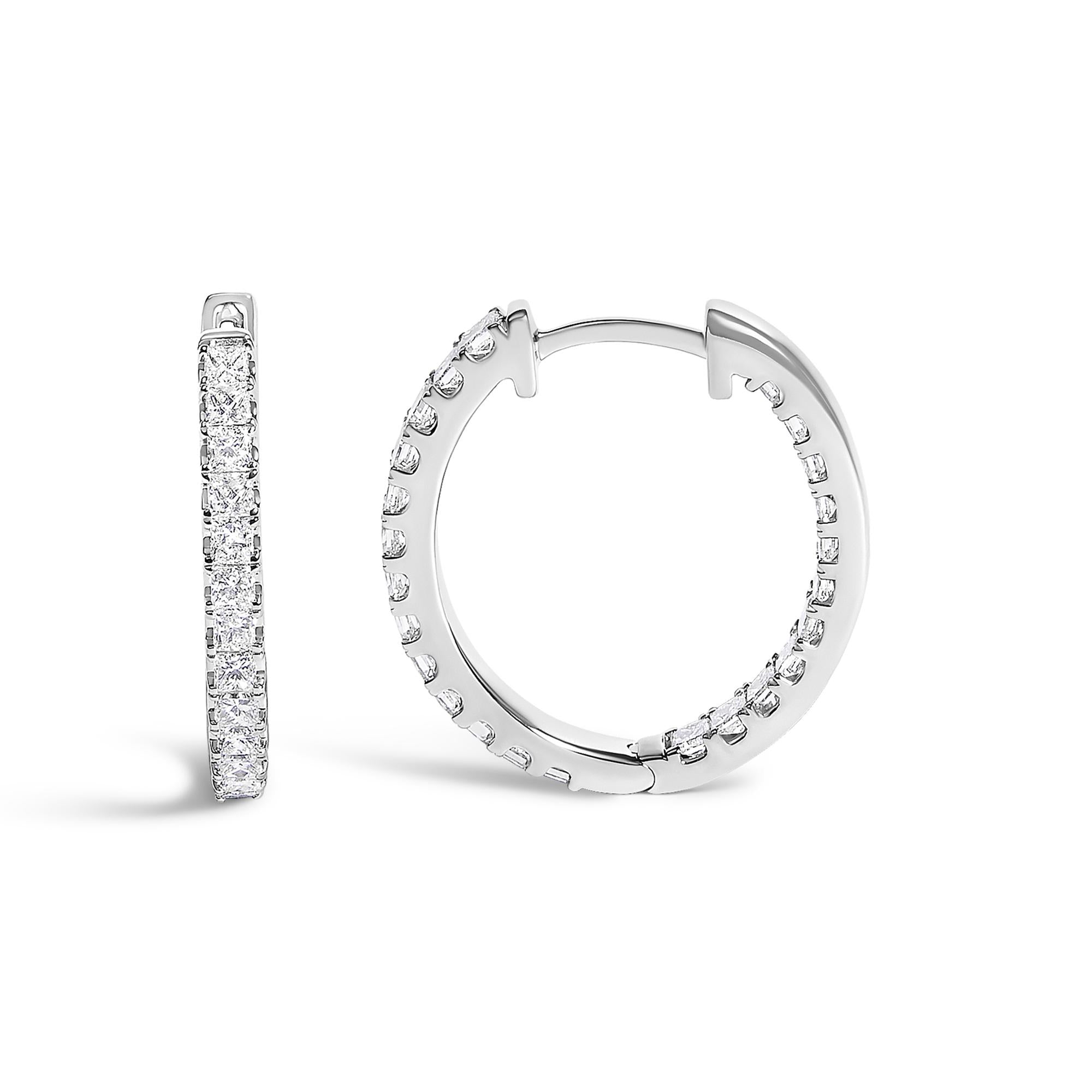 14K White Gold 3.00 Cttw Princess Diamond Inside Out Elongated Hoop Earrings