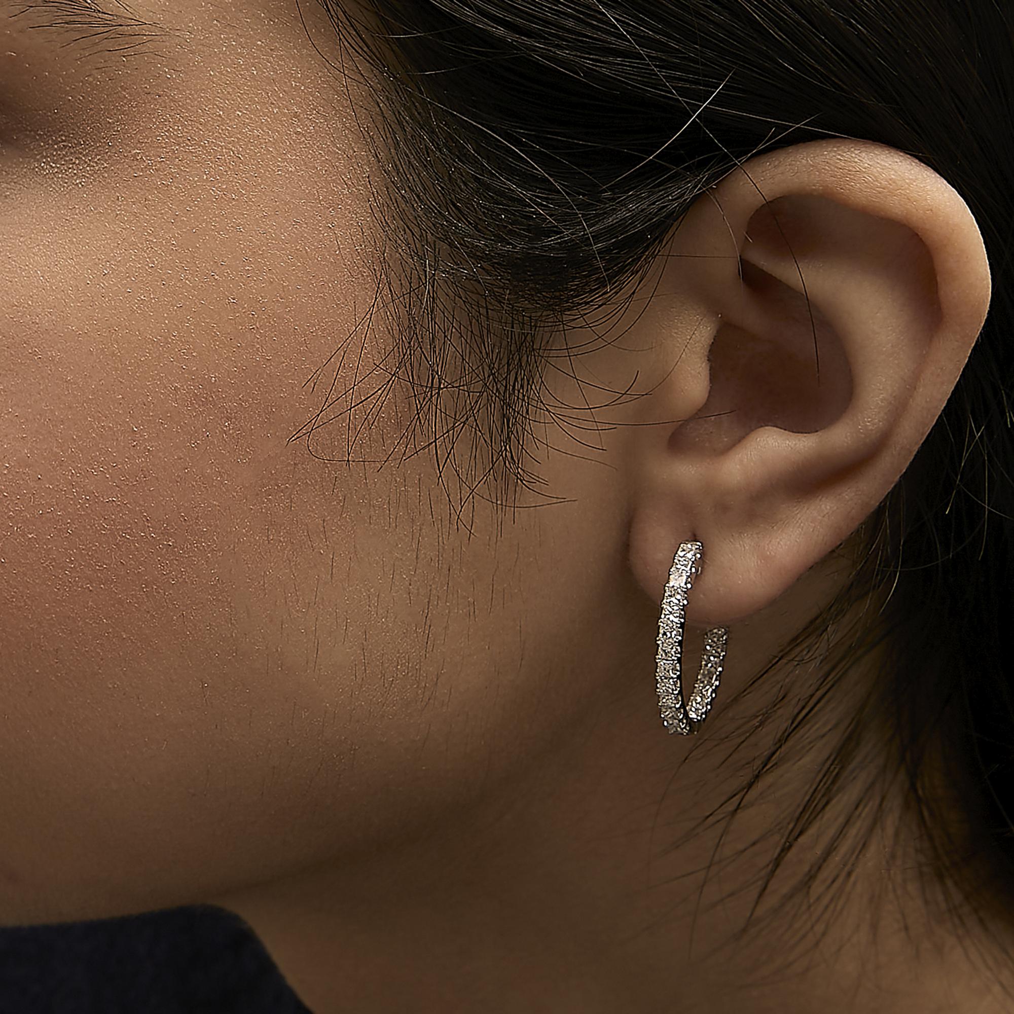 14K White Gold 3.00 Cttw Princess Diamond Inside Out Elongated Hoop Earrings