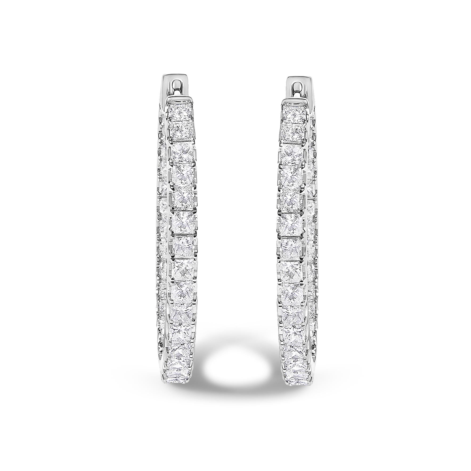 14K White Gold 3.00 Cttw Princess Diamond Inside Out Elongated Hoop Earrings