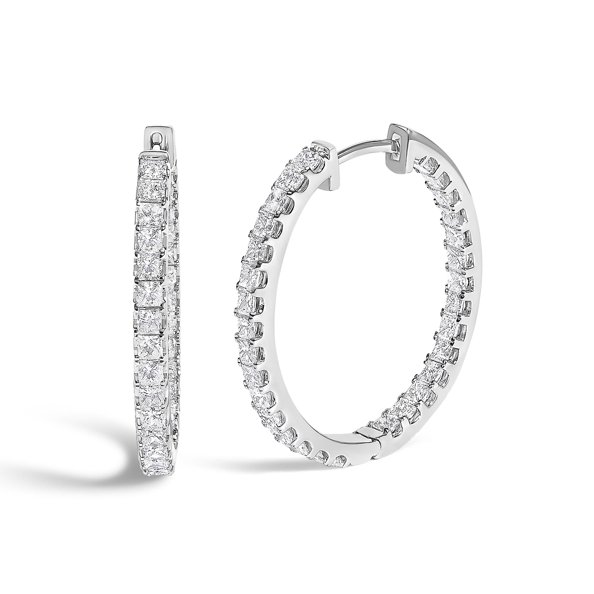 14K White Gold 3.00 Cttw Princess Diamond Inside Out Elongated Hoop Earrings