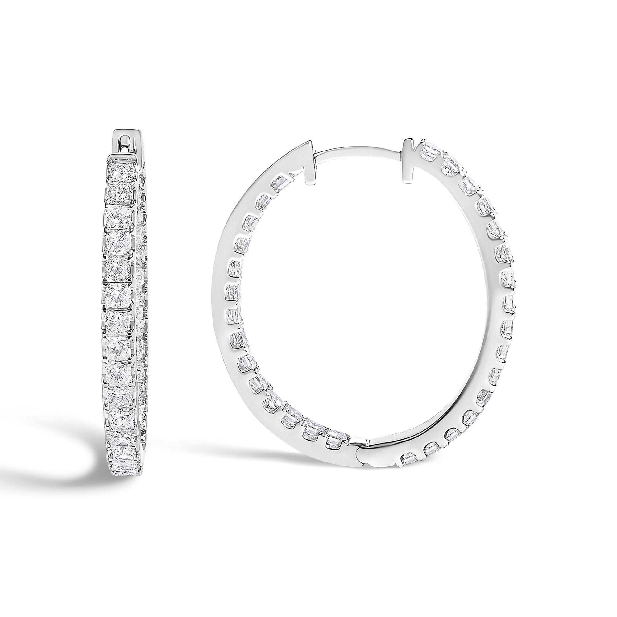 14K White Gold 3.00 Cttw Princess Diamond Inside Out Elongated Hoop Earrings