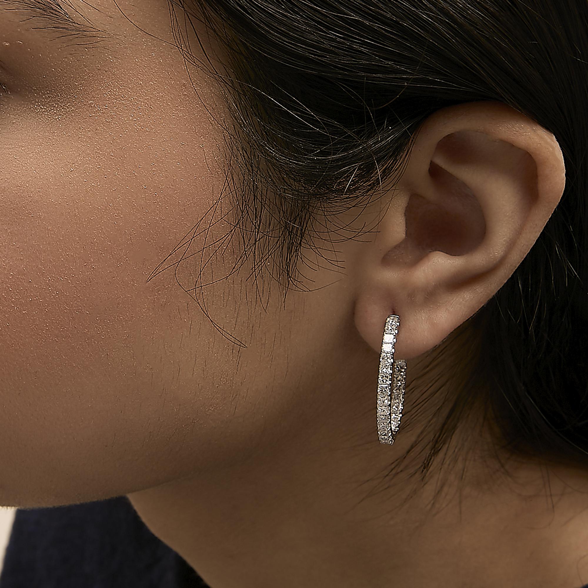14K White Gold 3.00 Cttw Princess Diamond Inside Out Elongated Hoop Earrings