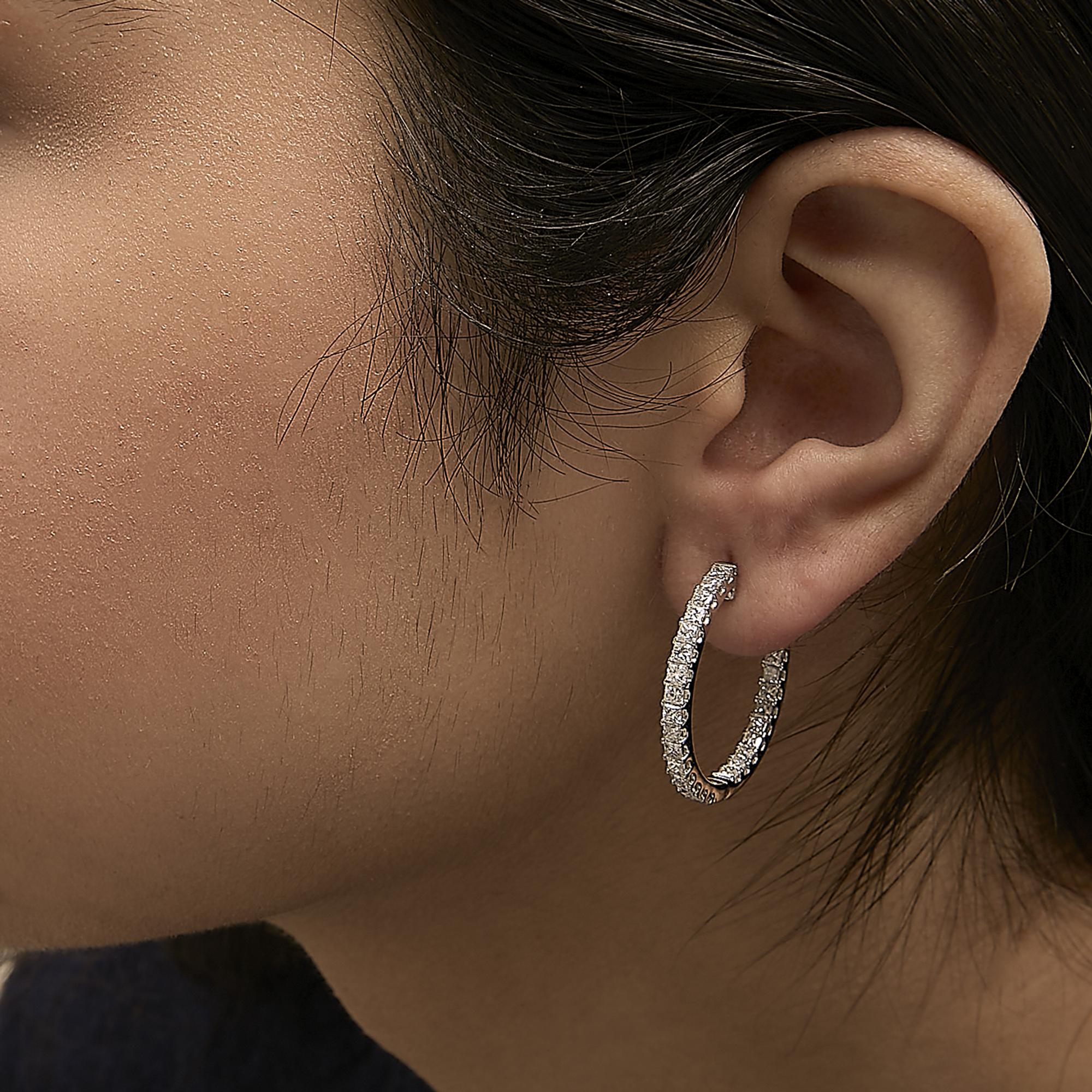 14K White Gold 3.00 Cttw Princess Diamond Inside Out Hoop Earrings