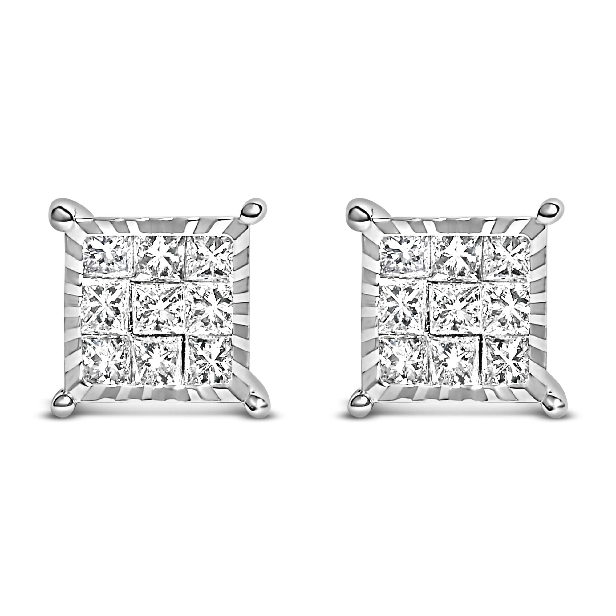 Sterling Silver 1/2 Cttw Princess Diamond Composite Square Stud Earrings